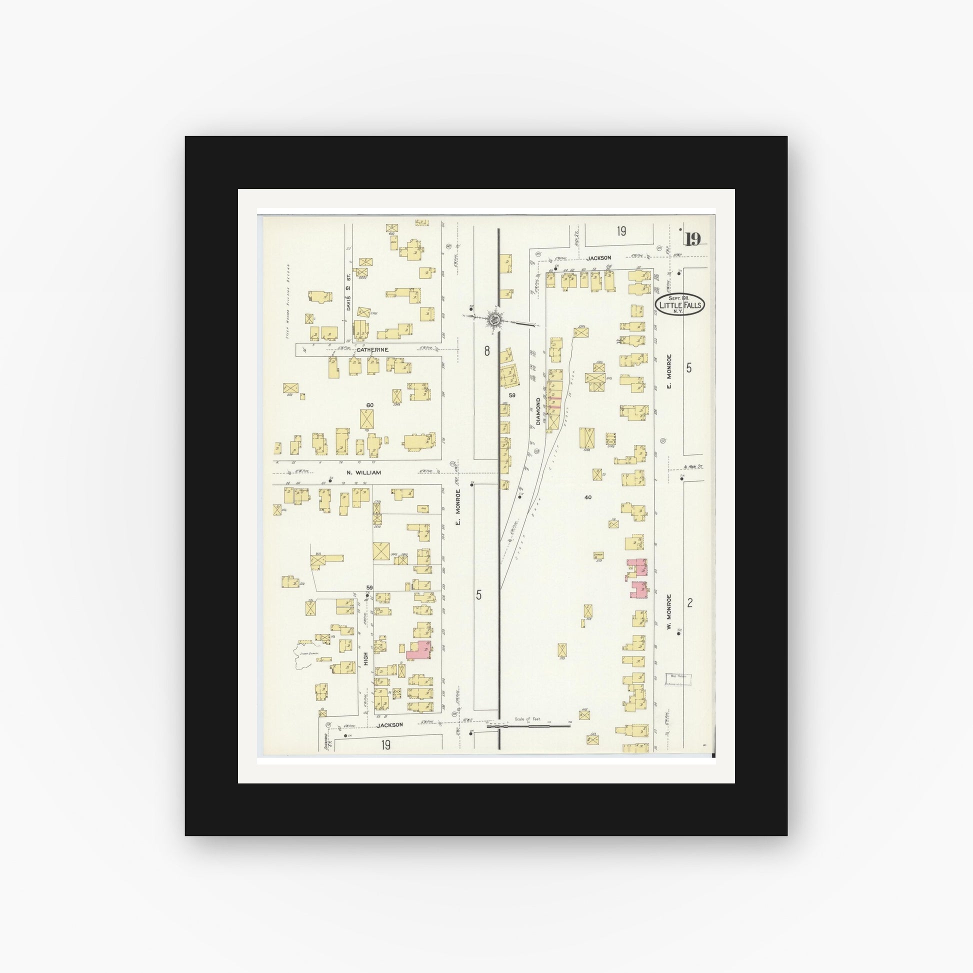 Old map wall art mockup — black gallery frame with white mat — Sanborn Fire Insurance Map from Little Falls, Herkimer County, New York (1911), Sheet #0019
