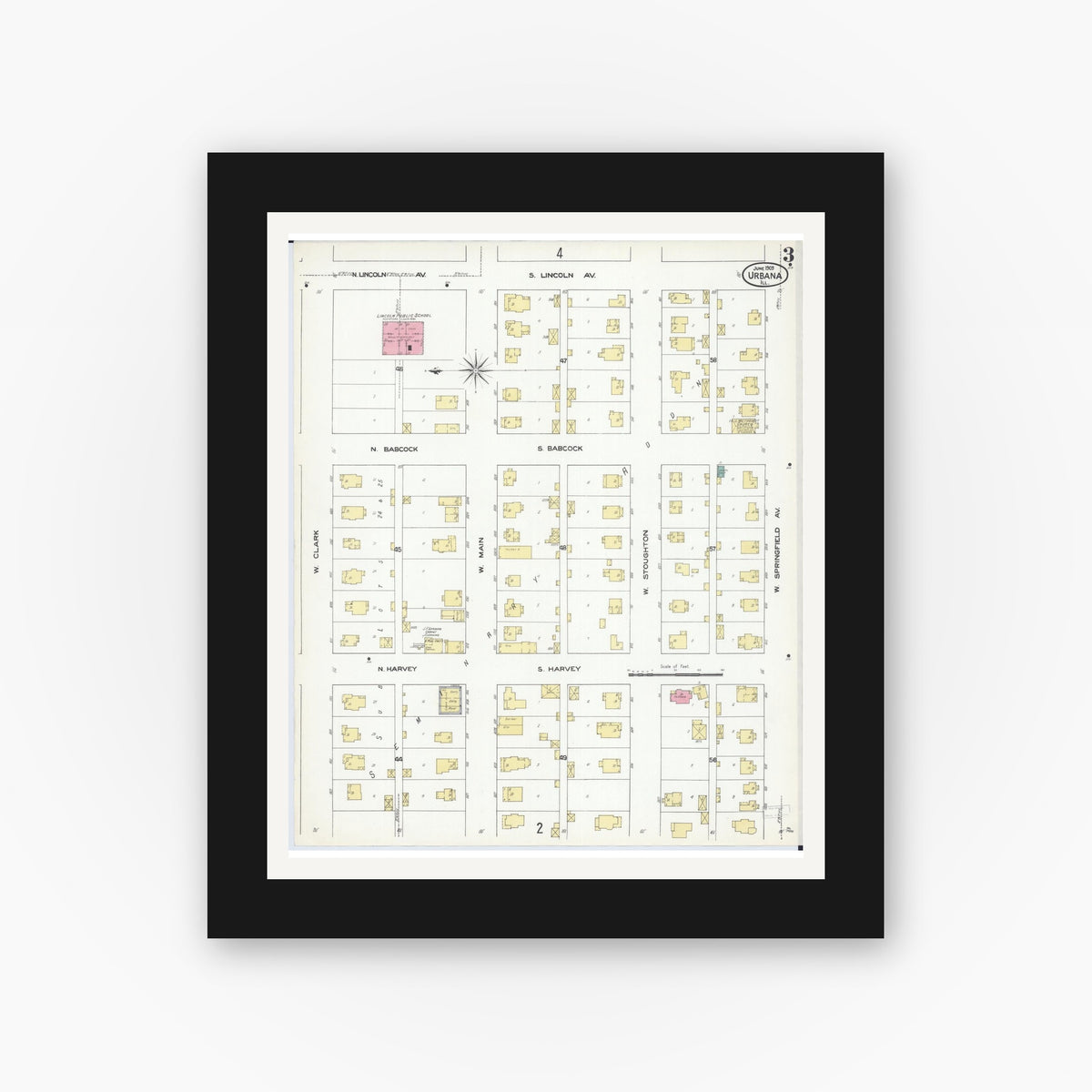 Old map wall art mockup — black gallery frame with white mat — Sanborn Fire Insurance Map from Urbana, Champaign County, Illinois (1909), Sheet #0003