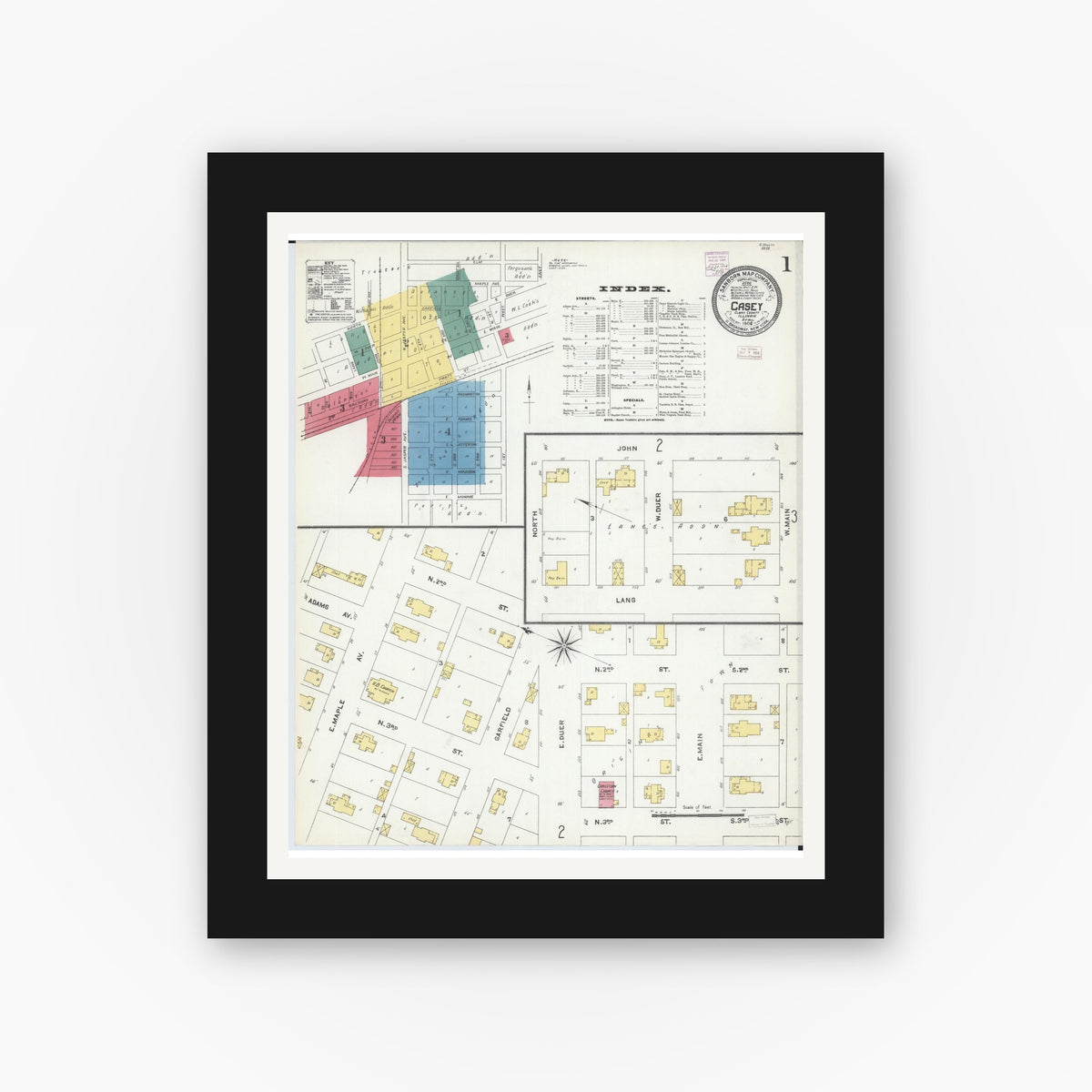 Old map wall art mockup — black gallery frame with white mat — Sanborn Fire Insurance Map from Casey, Clark County, Illinois (1906) - Complete Map Set