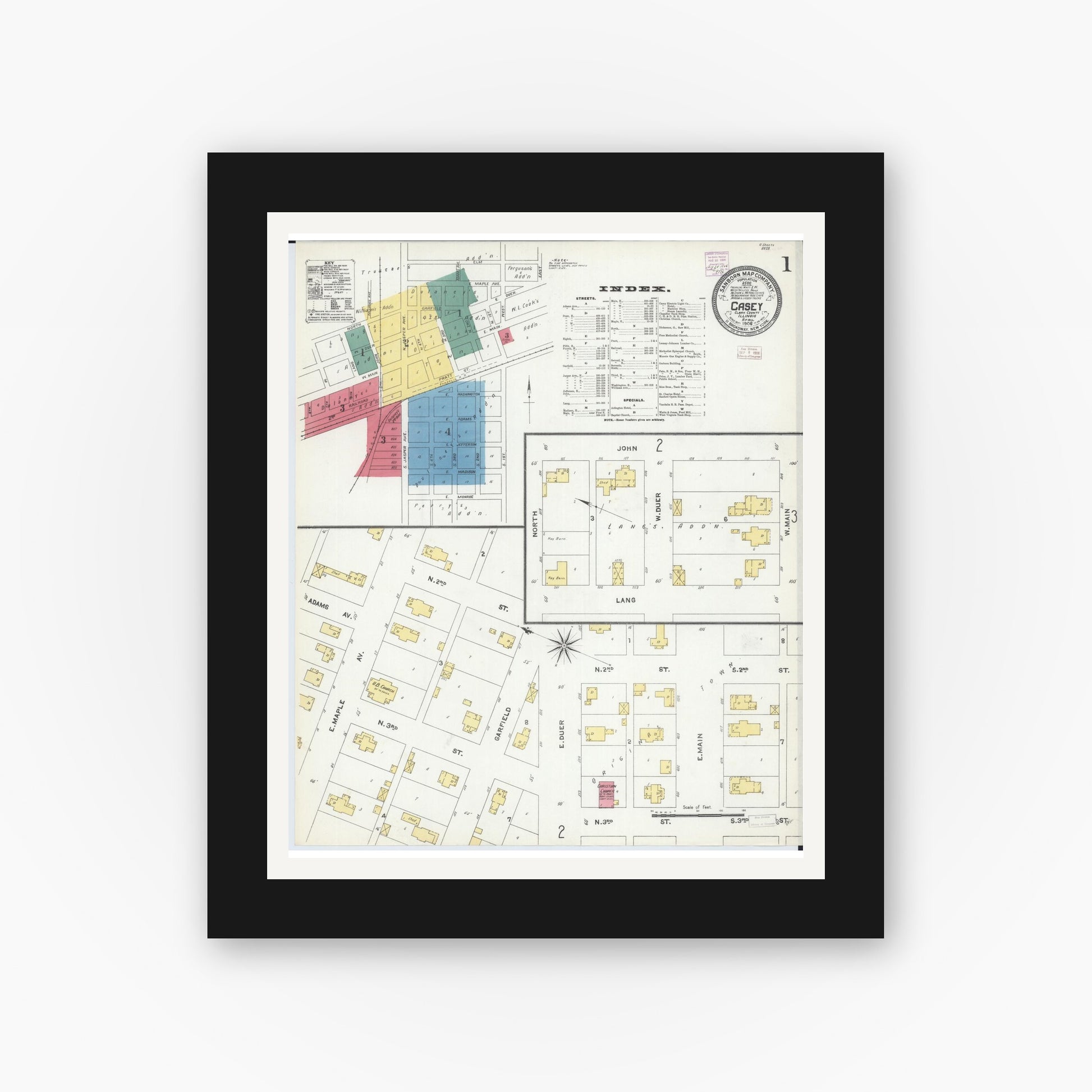 Old map wall art mockup — black gallery frame with white mat — Sanborn Fire Insurance Map from Casey, Clark County, Illinois (1906) - Complete Map Set