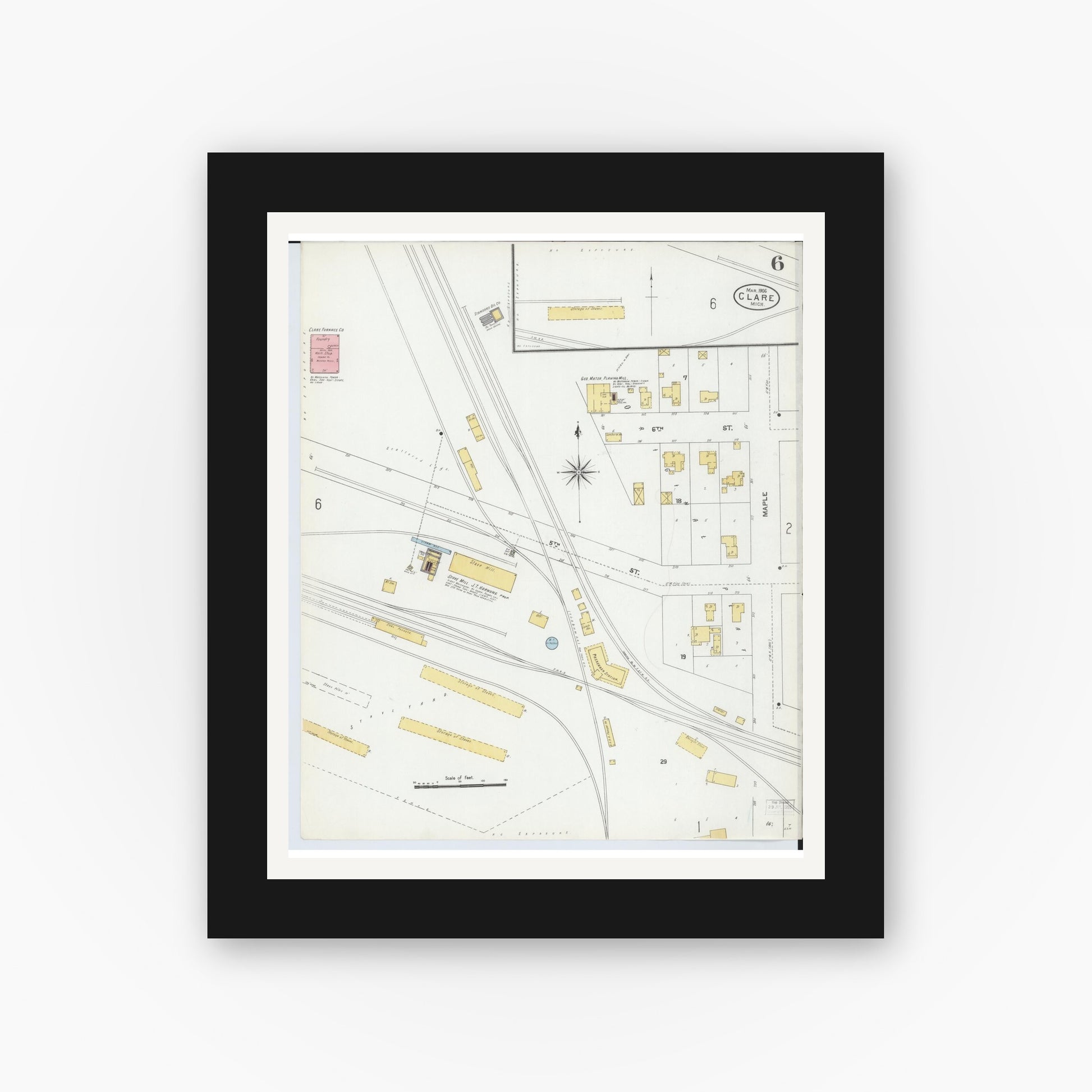 Old map wall art mockup — black gallery frame with white mat — Sanborn Fire Insurance Map from Clare, Clare County, Michigan (1906), Sheet #0006