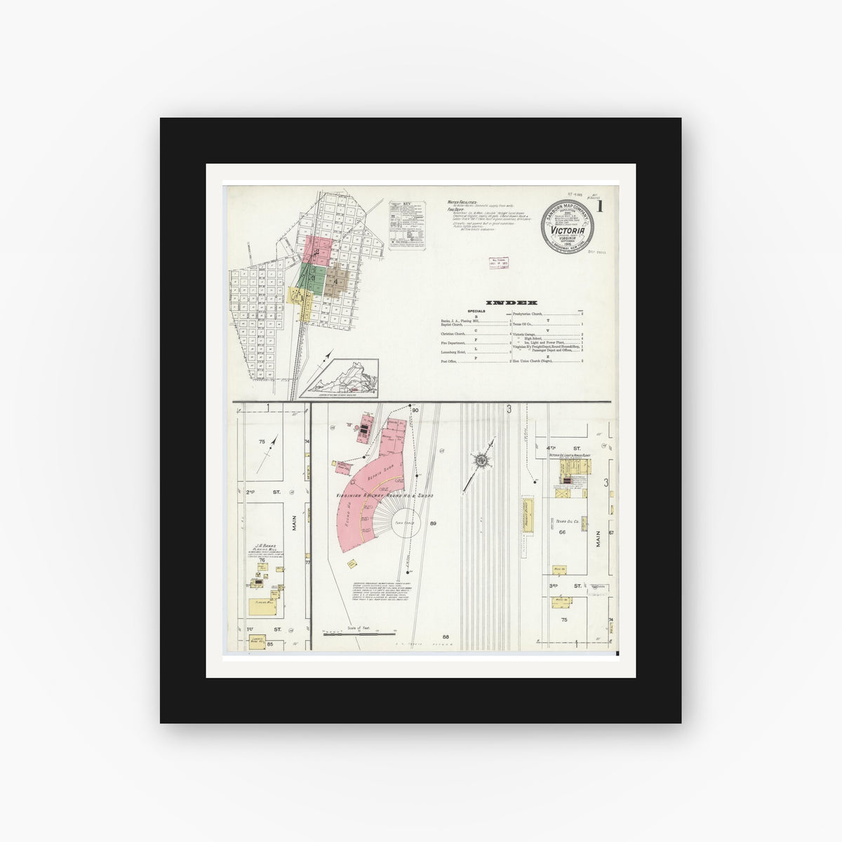 Old map wall art mockup — black gallery frame with white mat — Sanborn Fire Insurance Map from Victoria, Lunenburg County, Virginia (1915) - Complete Map Set