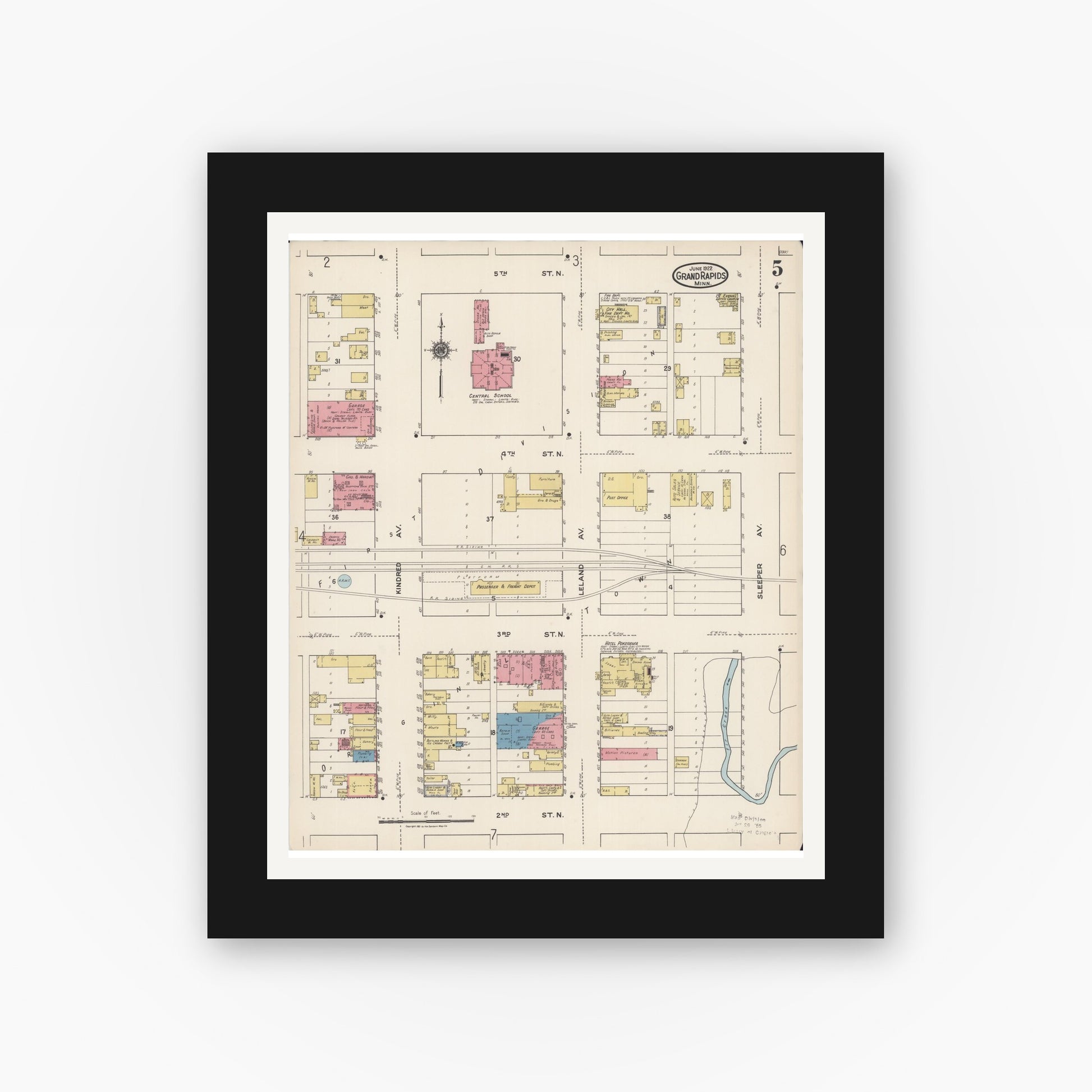 Old map wall art mockup — black gallery frame with white mat — Sanborn Fire Insurance Map from Grand Rapids, Itasca County, Minnesota (1922), Sheet #0005