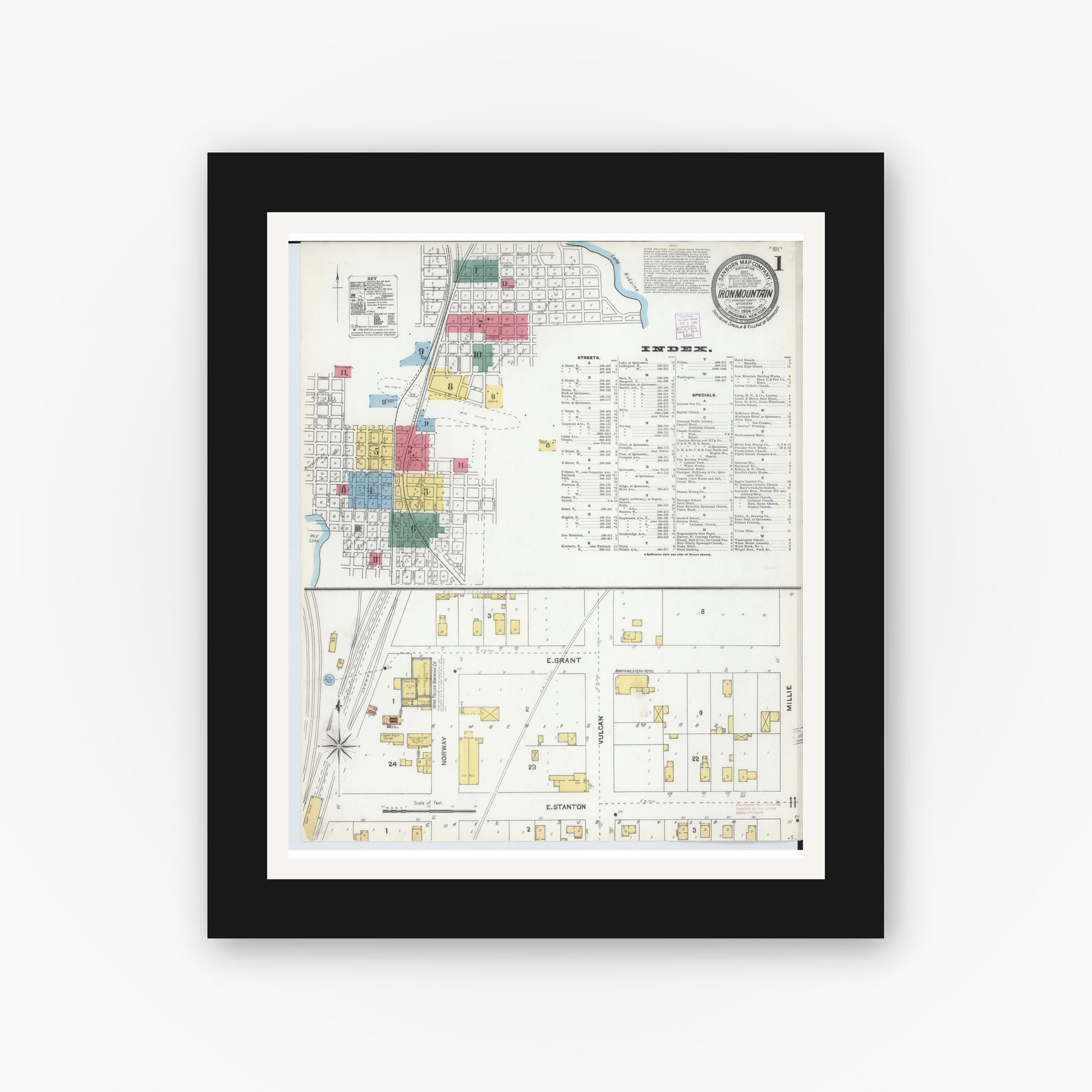 Old map wall art mockup — black gallery frame with white mat — Sanborn Fire Insurance Map from Iron Mountain, Dickinson County, Michigan (1904) - Complete Map Set