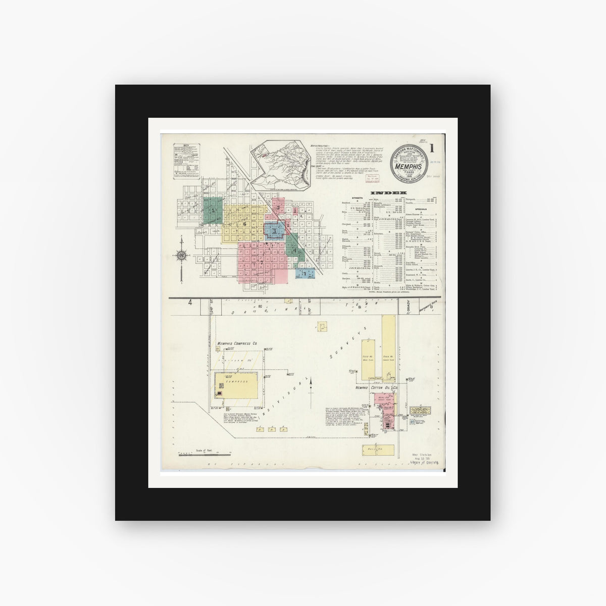 Old map wall art mockup — black gallery frame with white mat — Sanborn Fire Insurance Map from Memphis, Hall County, Texas (1914) - Complete Map Set