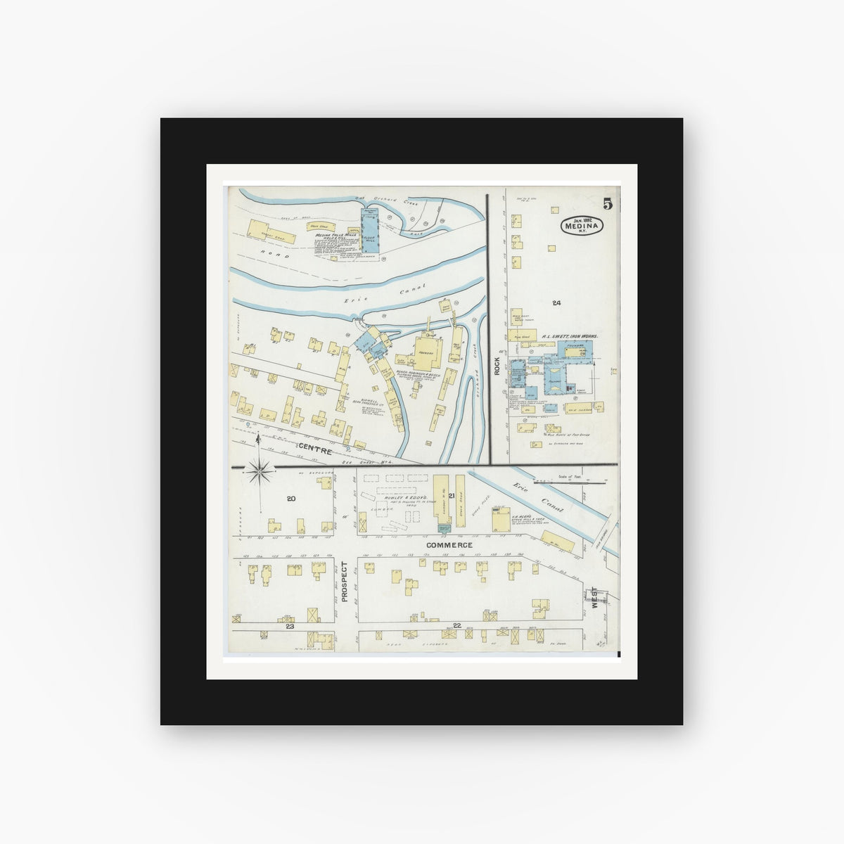 Old map wall art mockup — black gallery frame with white mat — Sanborn Fire Insurance Map from Medina, Orleans County, New York (1892), Sheet #0005