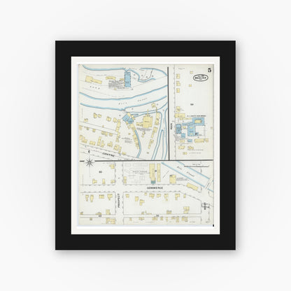 Old map wall art mockup — black gallery frame with white mat — Sanborn Fire Insurance Map from Medina, Orleans County, New York (1892), Sheet #0005