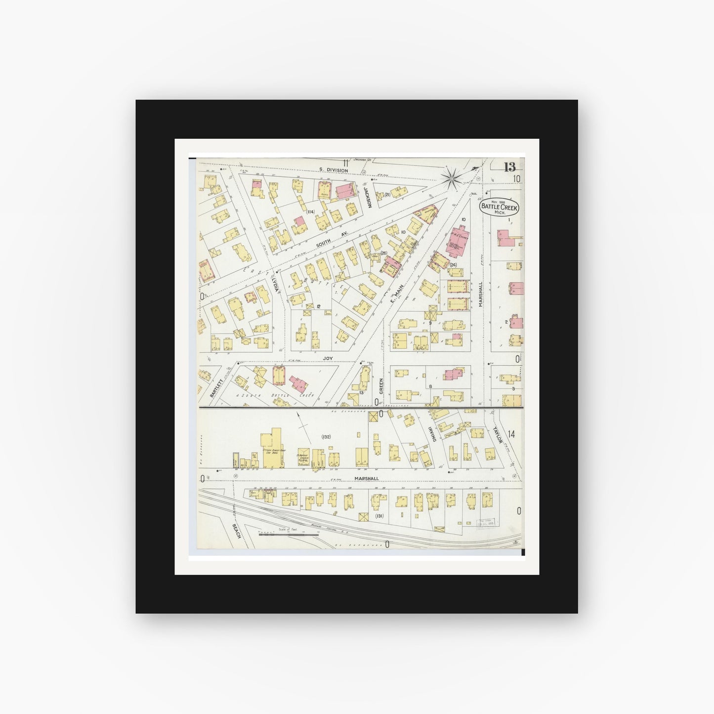 Old map wall art mockup — black gallery frame with white mat — Sanborn Fire Insurance Map from Battle Creek, Calhoun County, Michigan (1899), Sheet #0013