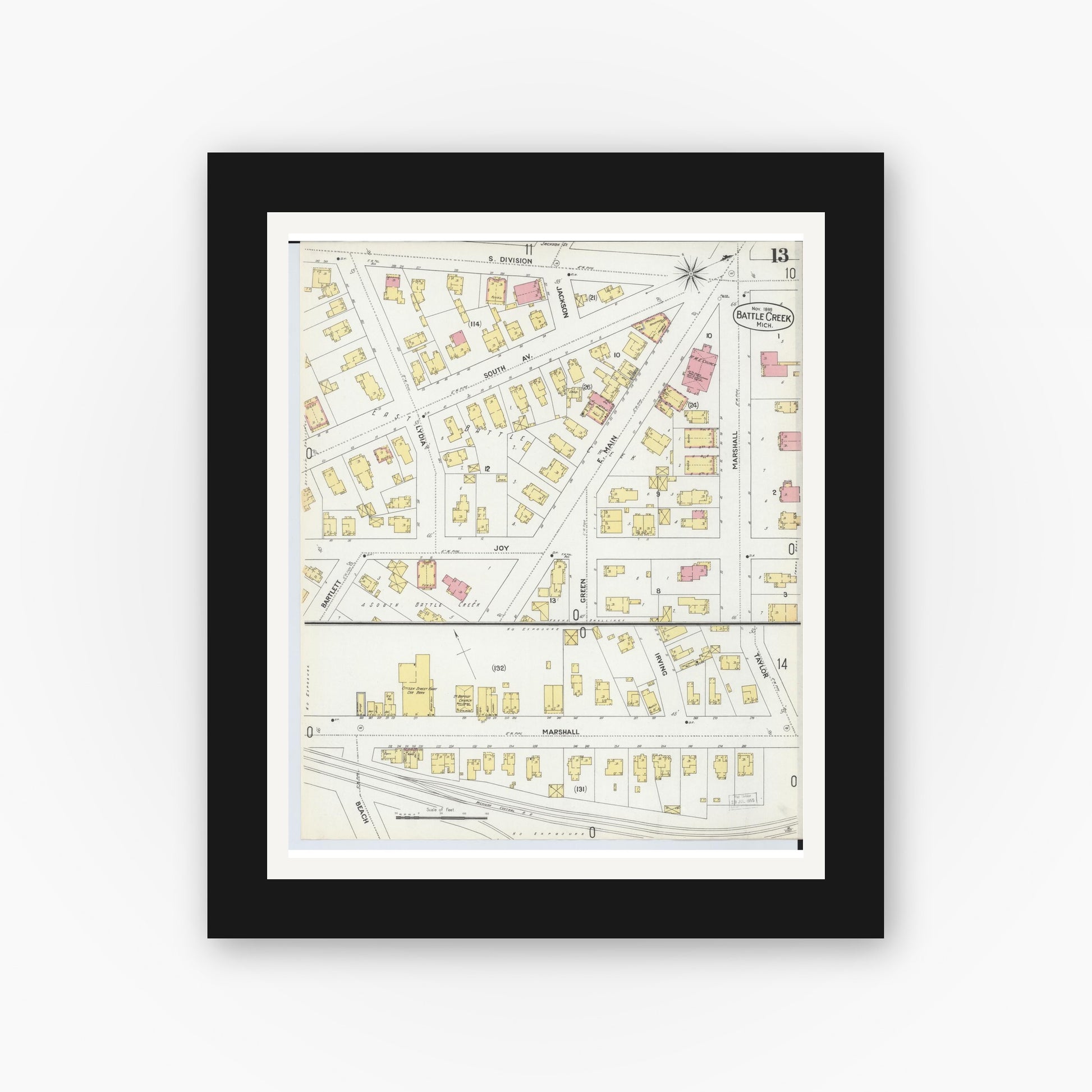 Old map wall art mockup — black gallery frame with white mat — Sanborn Fire Insurance Map from Battle Creek, Calhoun County, Michigan (1899), Sheet #0013