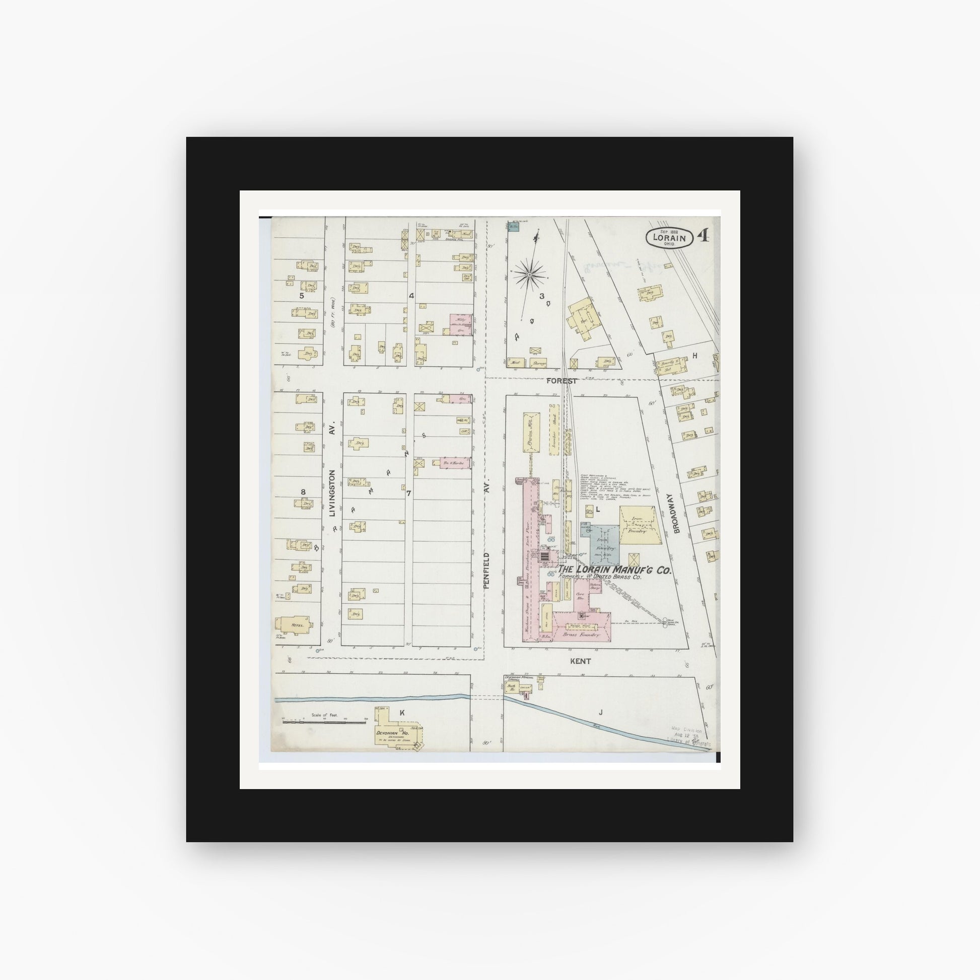 Old map wall art mockup — black gallery frame with white mat — Sanborn Fire Insurance Map from Lorain, Lorain County, Ohio (1888), Sheet #0004