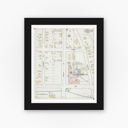 Old map wall art mockup — black gallery frame with white mat — Sanborn Fire Insurance Map from Lorain, Lorain County, Ohio (1888), Sheet #0004