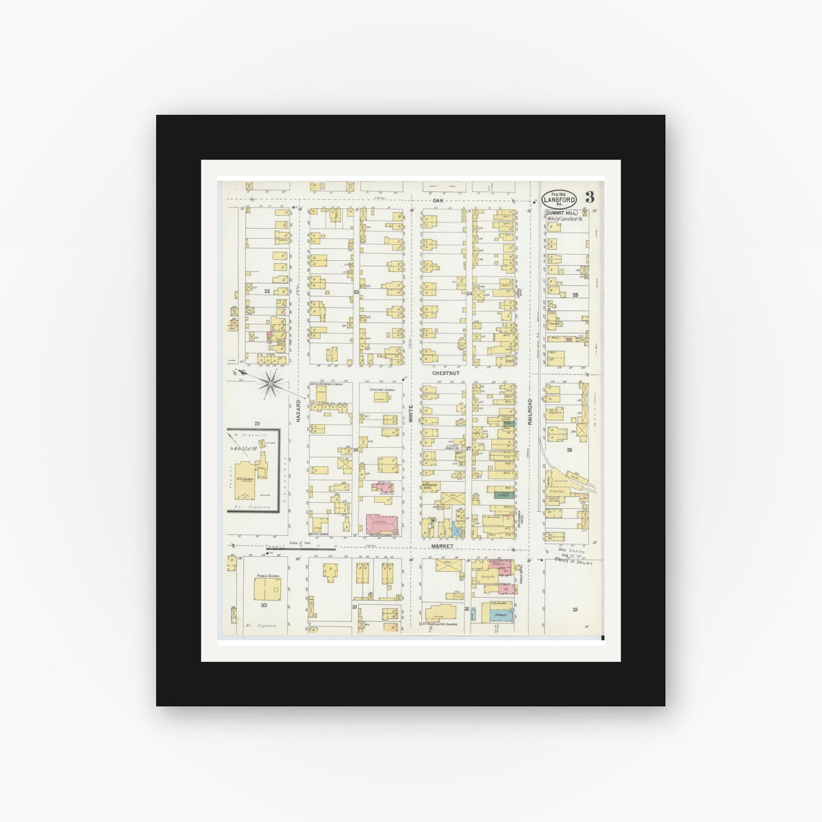 Old map wall art mockup — black gallery frame with white mat — Sanborn Fire Insurance Map from Lansford, Carbon County, Pennsylvania (1902), Sheet #0003
