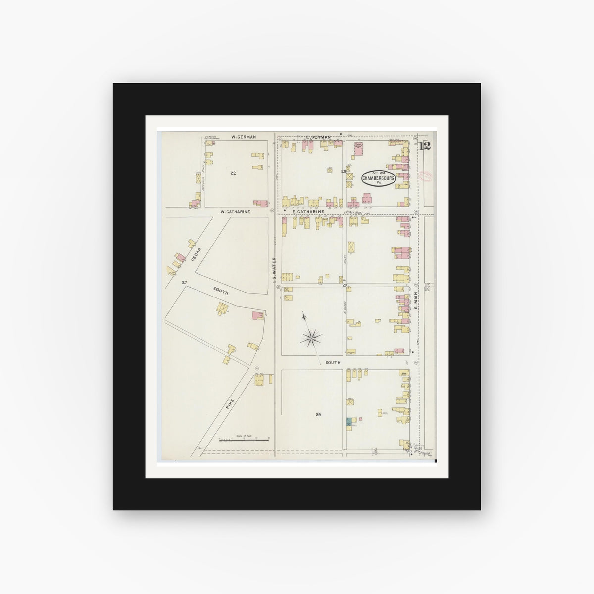 Old map wall art mockup — black gallery frame with white mat — Sanborn Fire Insurance Map from Chambersburg, Franklin County, Pennsylvania (1894), Sheet #0012