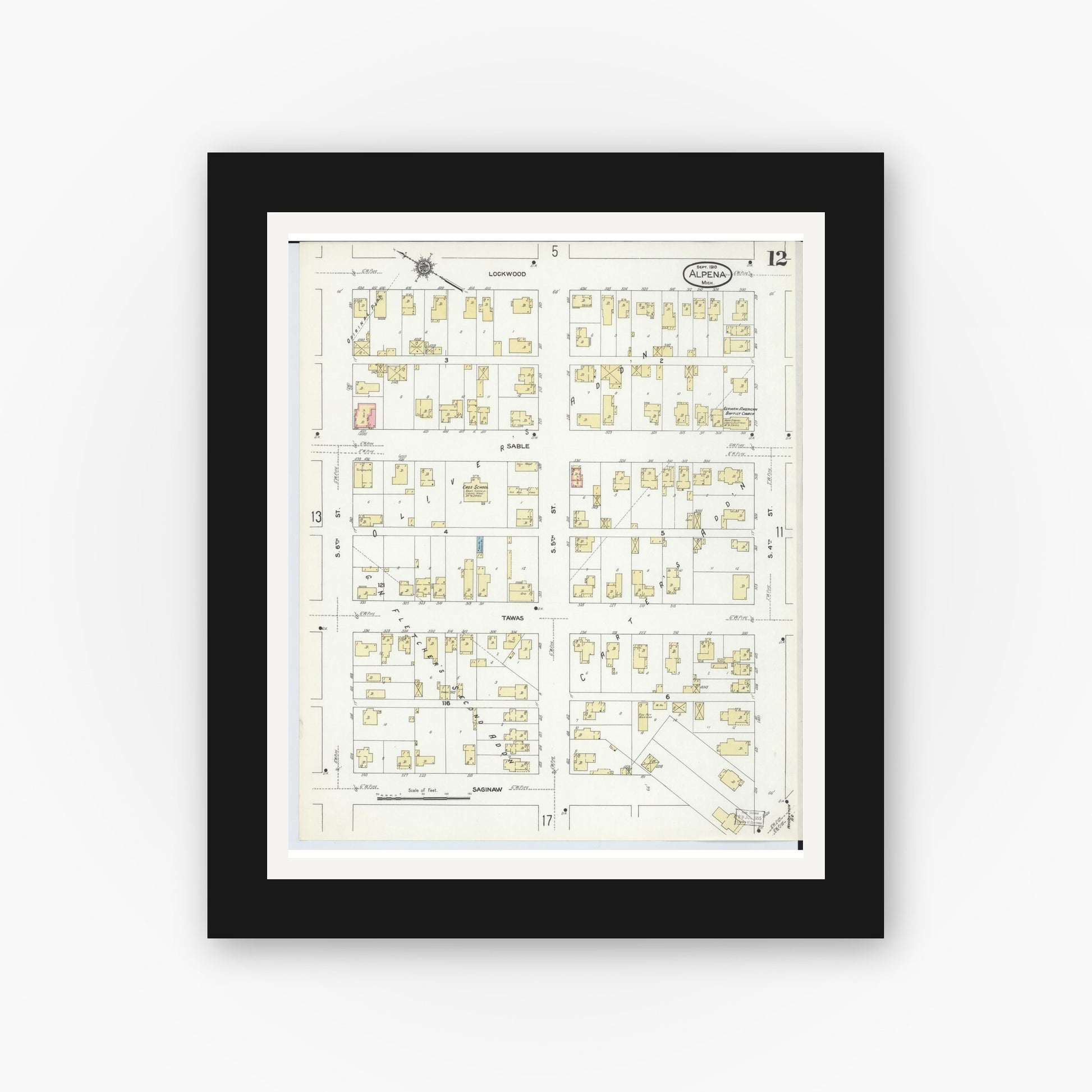 Old map wall art mockup — black gallery frame with white mat — Sanborn Fire Insurance Map from Alpena, Alpena County, Michigan (1910), Sheet #0012
