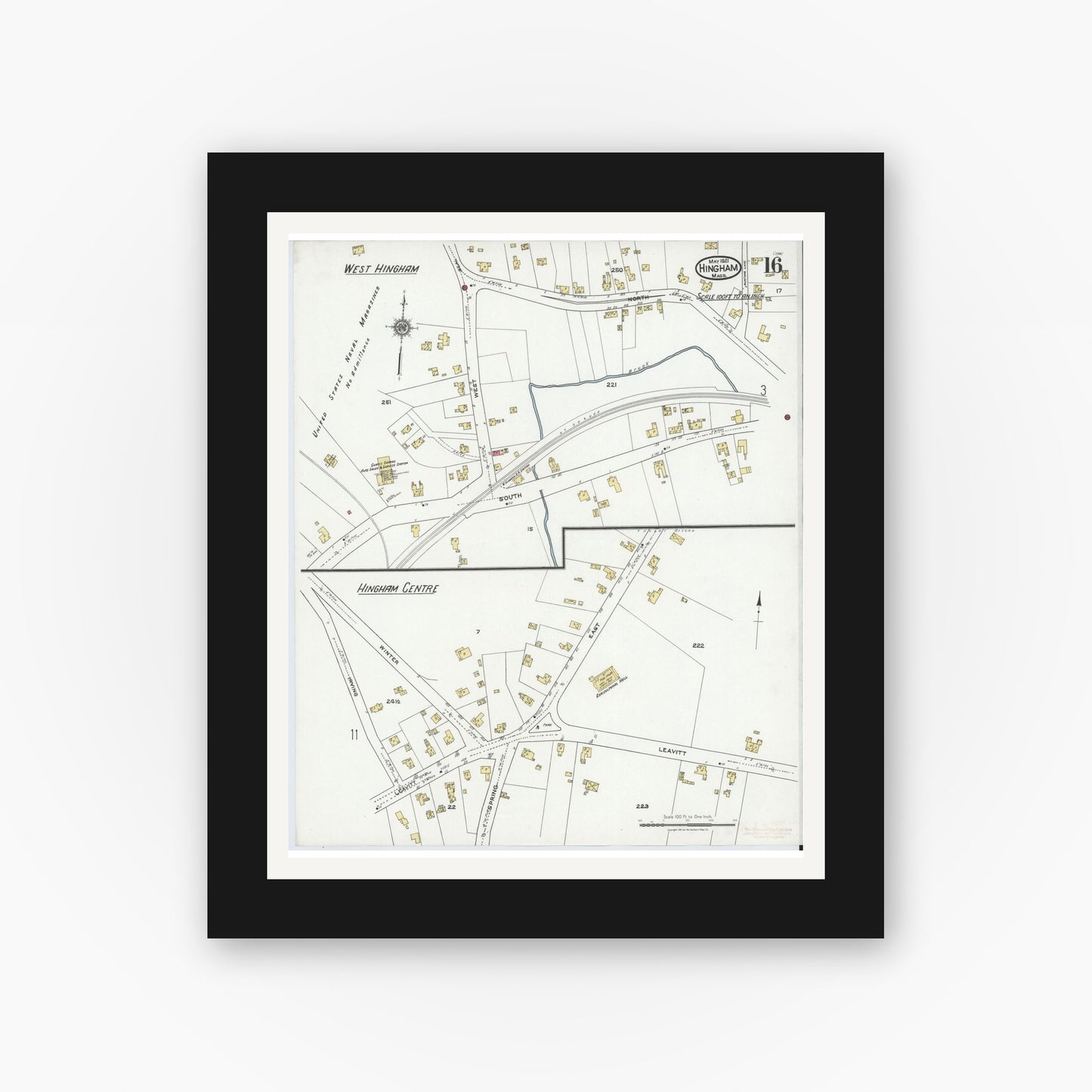 Old map wall art mockup — black gallery frame with white mat — Sanborn Fire Insurance Map from Hingham, Plymouth County, Massachusetts (1921), Sheet #0016