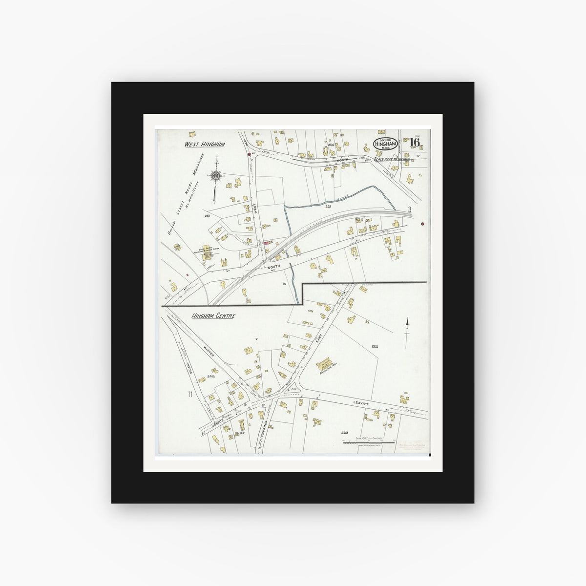 Old map wall art mockup — black gallery frame with white mat — Sanborn Fire Insurance Map from Hingham, Plymouth County, Massachusetts (1921), Sheet #0016