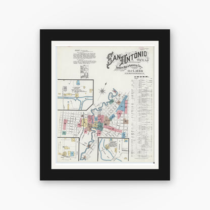 Old map wall art mockup — black gallery frame with white mat — Sanborn Fire Insurance Map from San Antonio, Bexar County, Texas (1888), Sheet #0001