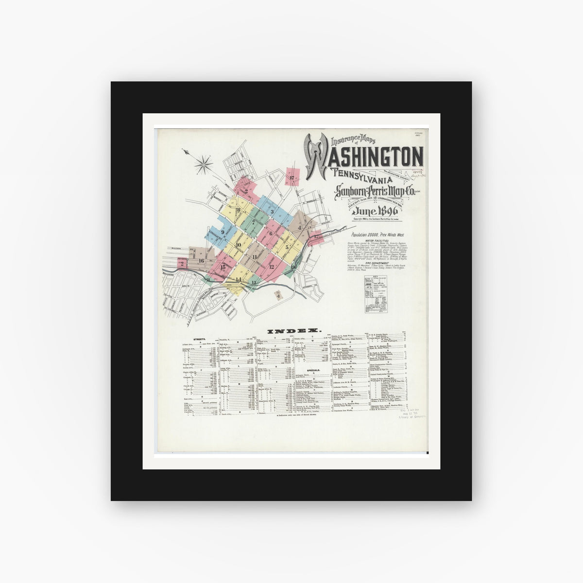Old map wall art mockup — black gallery frame with white mat — Sanborn Fire Insurance Map from Washington, Washington County, Pennsylvania (1896), Sheet #0001