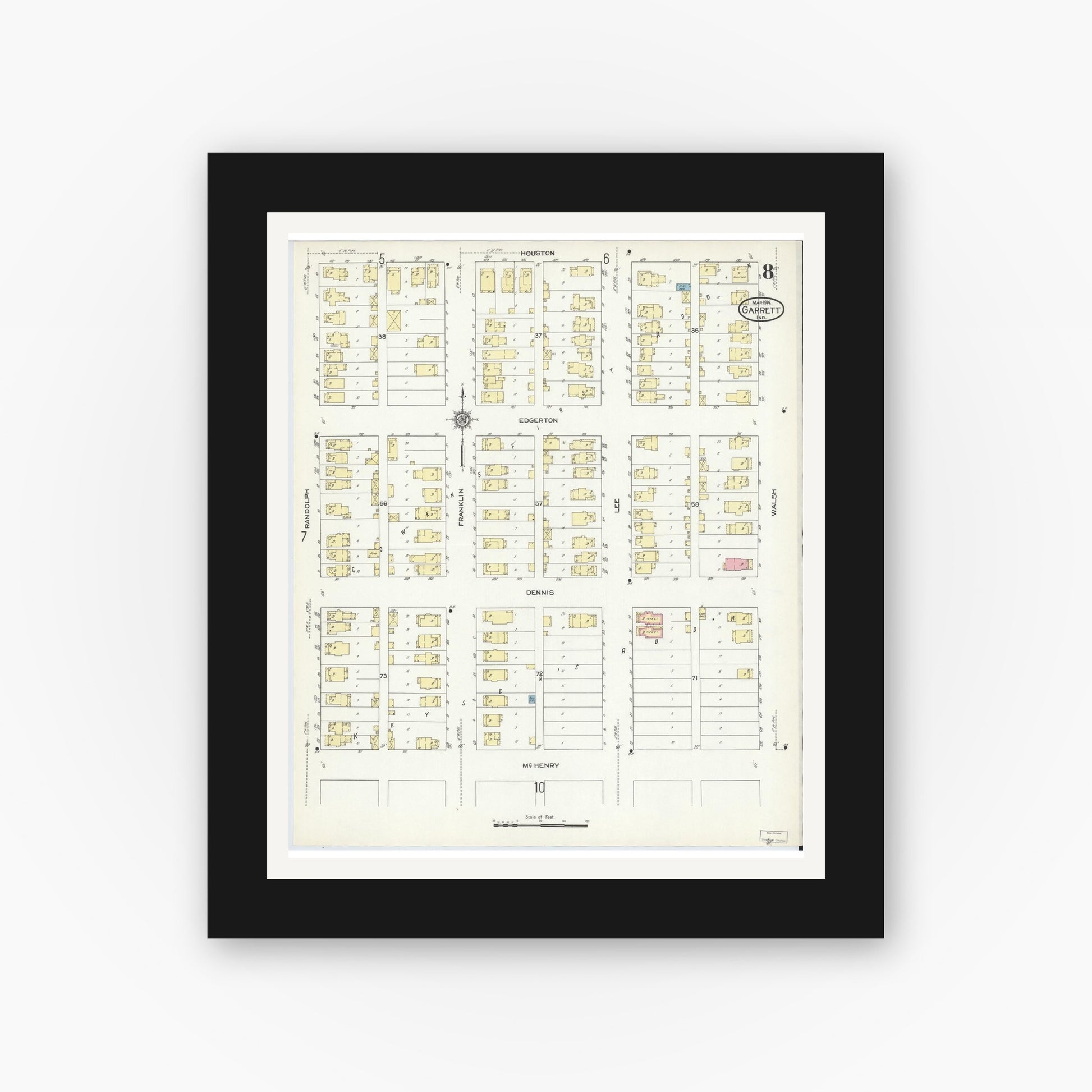 Old map wall art mockup — black gallery frame with white mat — Sanborn Fire Insurance Map from Garrett, De Kalb County, Indiana (1914), Sheet #0008