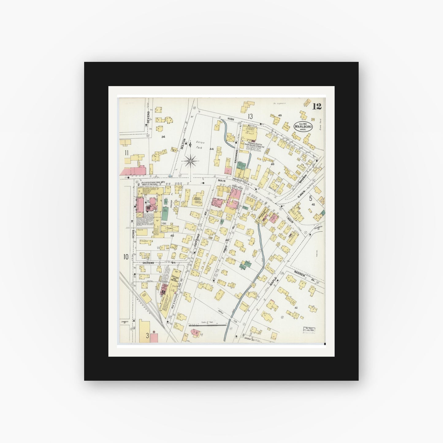 Old map wall art mockup — black gallery frame with white mat — Sanborn Fire Insurance Map from Marlborough, Middlesex County, Massachusetts (1901), Sheet #0012