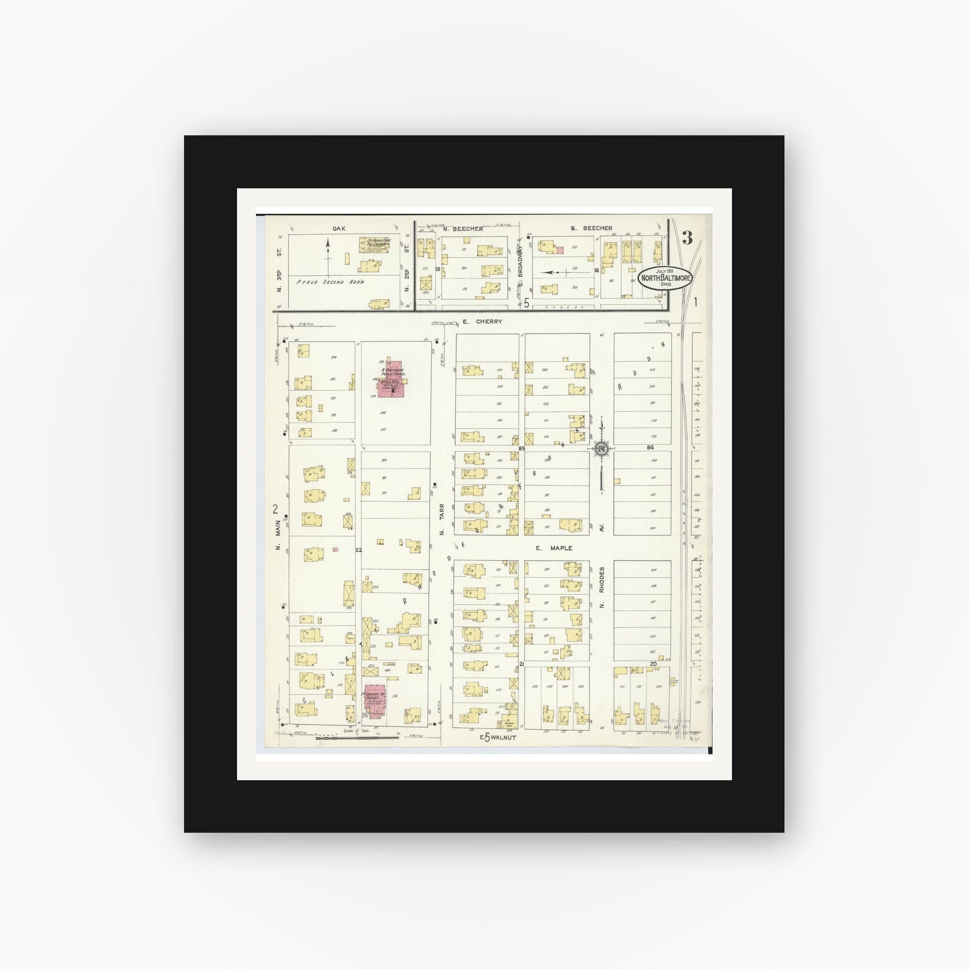 Old map wall art mockup — black gallery frame with white mat — Sanborn Fire Insurance Map from North Baltimore, Wood County, Ohio (1913), Sheet #0003