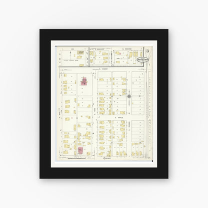 Old map wall art mockup — black gallery frame with white mat — Sanborn Fire Insurance Map from North Baltimore, Wood County, Ohio (1913), Sheet #0003