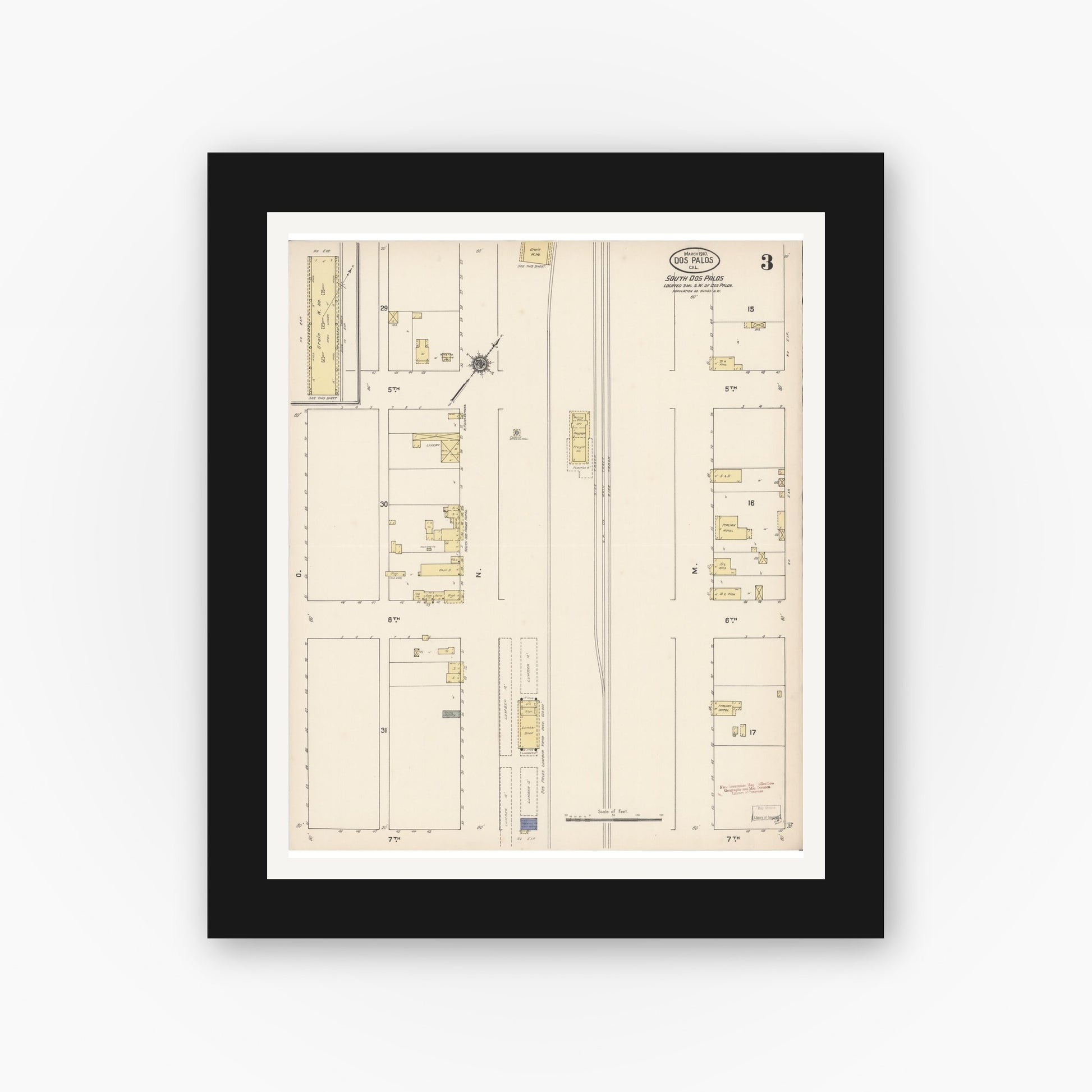 Old map wall art mockup — black gallery frame with white mat — Sanborn Fire Insurance Map from Dos Palos, Merced County, California (1910), Sheet #0003