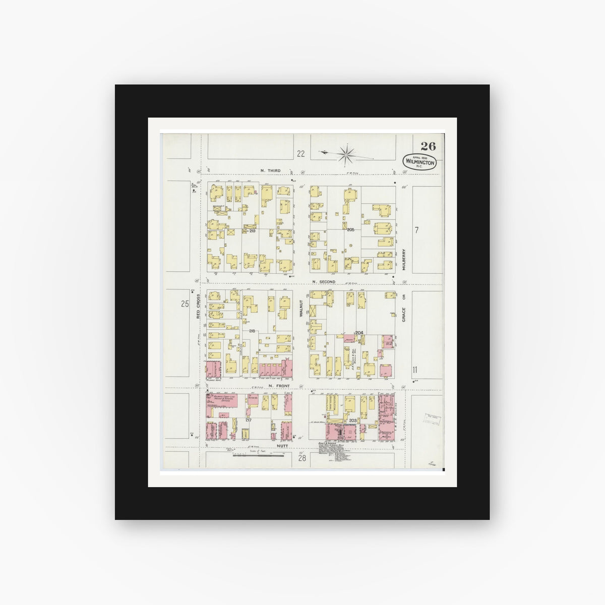 Old map wall art mockup — black gallery frame with white mat — Sanborn Fire Insurance Map from Wilmington, New Hanover County, North Carolina (1898), Sheet #0026
