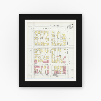 Old map wall art mockup — black gallery frame with white mat — Sanborn Fire Insurance Map from Wilmington, New Hanover County, North Carolina (1898), Sheet #0026