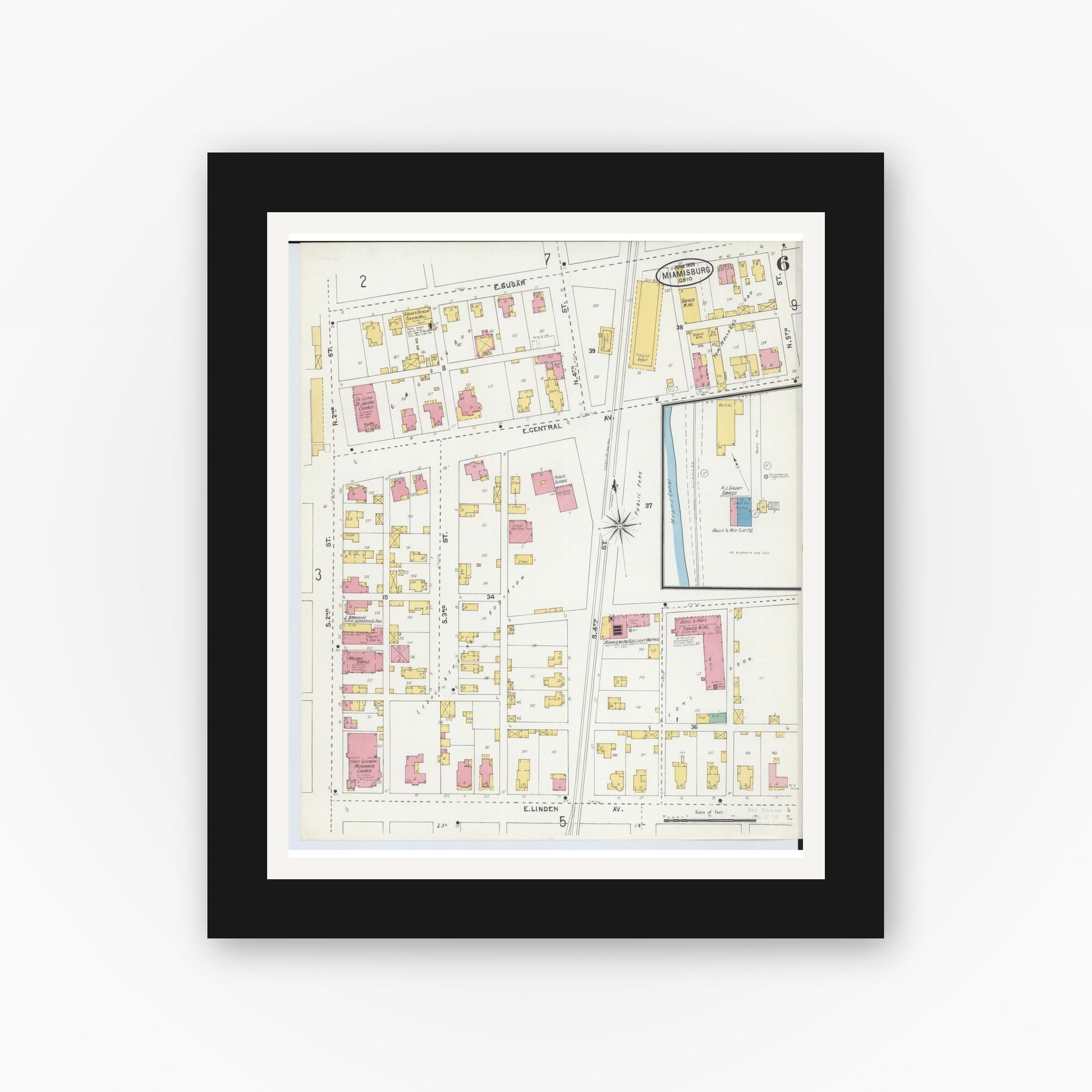 Old map wall art mockup — black gallery frame with white mat — Sanborn Fire Insurance Map from Miamisburg, Montgomery County, Ohio (1905), Sheet #0006