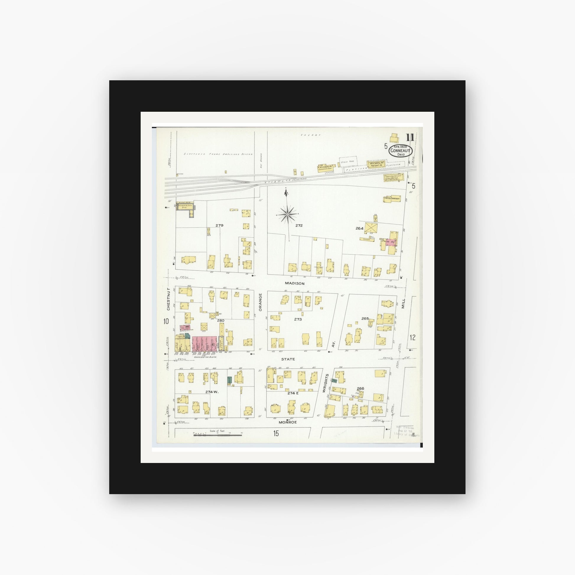 Old map wall art mockup — black gallery frame with white mat — Sanborn Fire Insurance Map from Conneaut, Ashtabula County, Ohio (1909), Sheet #0011