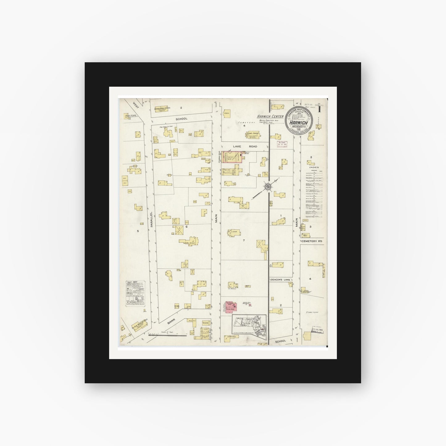 Old map wall art mockup — black gallery frame with white mat — Sanborn Fire Insurance Map from Harwich, Barnstable County, Massachusetts (1915) - Complete Map Set