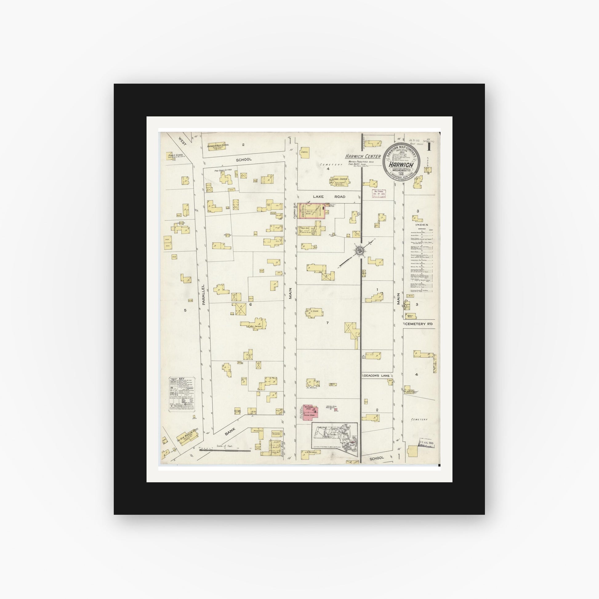 Old map wall art mockup — black gallery frame with white mat — Sanborn Fire Insurance Map from Harwich, Barnstable County, Massachusetts (1915) - Complete Map Set