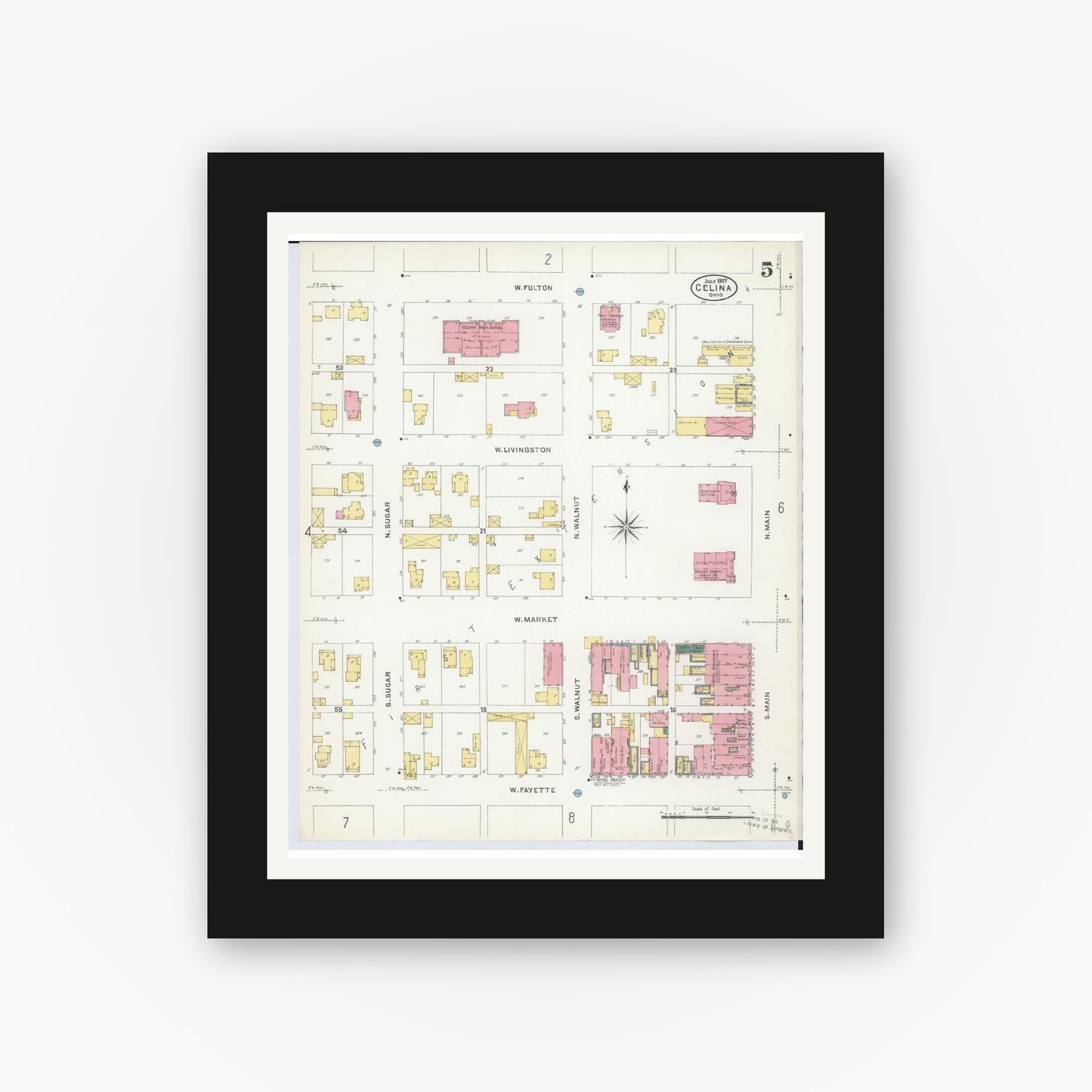 Old map wall art mockup — black gallery frame with white mat — Sanborn Fire Insurance Map from Celina, Mercer County, Ohio (1907), Sheet #0005