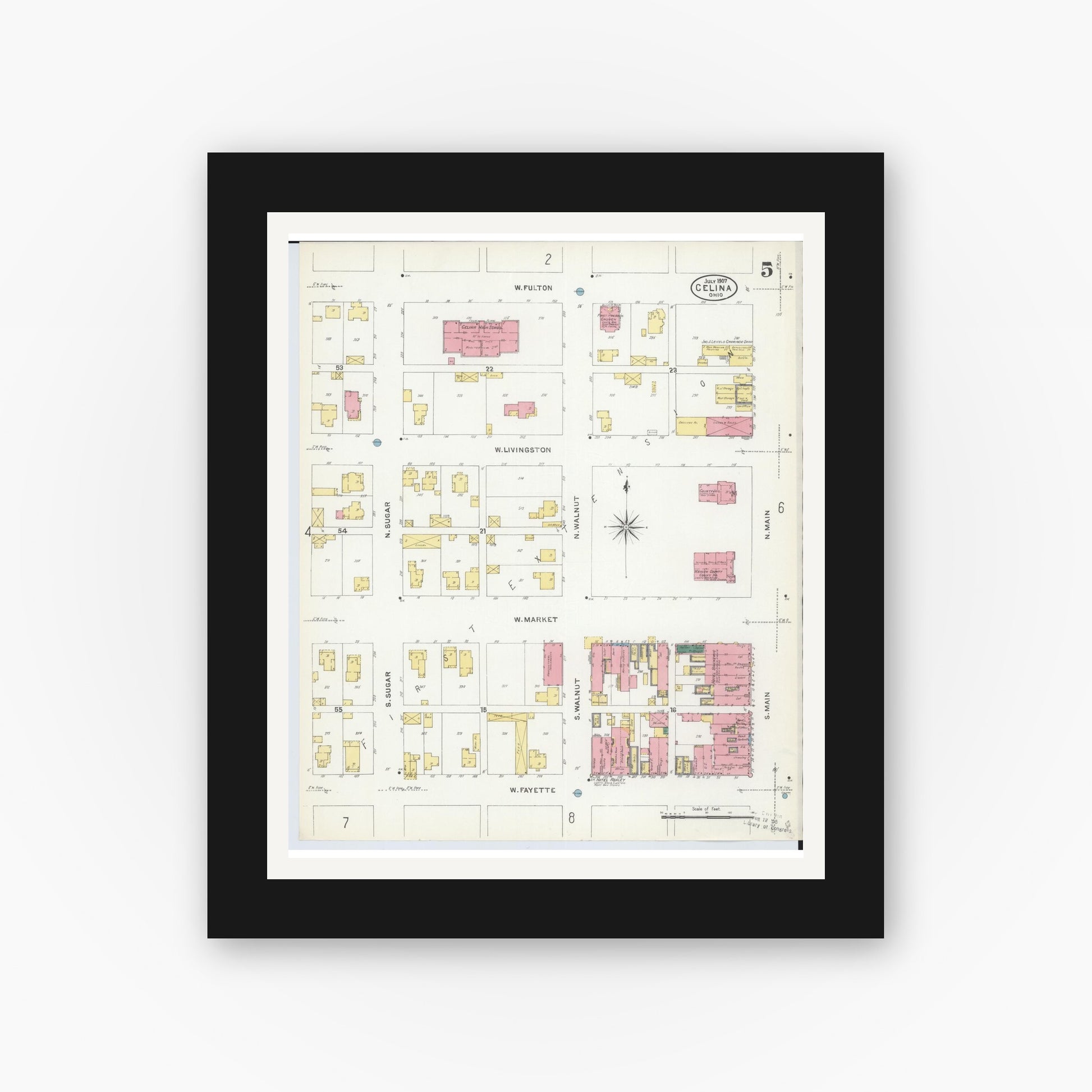 Old map wall art mockup — black gallery frame with white mat — Sanborn Fire Insurance Map from Celina, Mercer County, Ohio (1907), Sheet #0005