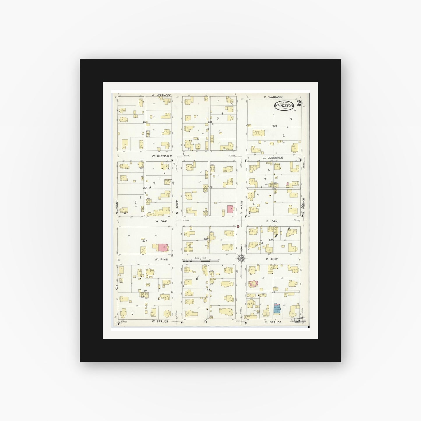 Old map wall art mockup — black gallery frame with white mat — Sanborn Fire Insurance Map from Princeton, Gibson County, Indiana (1914), Sheet #0002