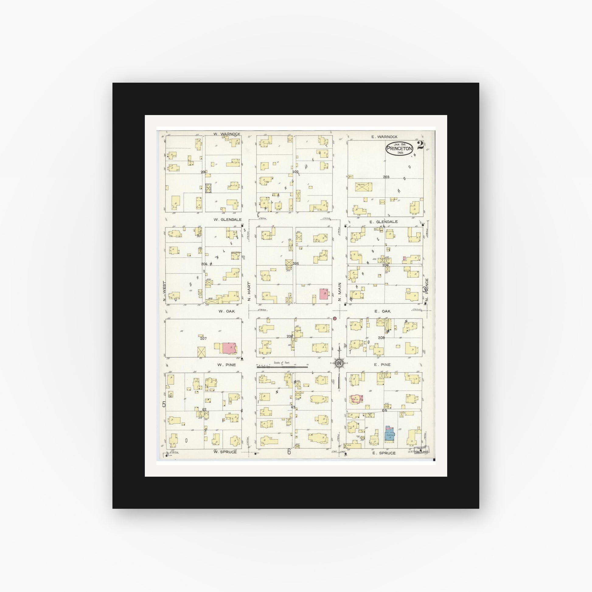 Old map wall art mockup — black gallery frame with white mat — Sanborn Fire Insurance Map from Princeton, Gibson County, Indiana (1914), Sheet #0002