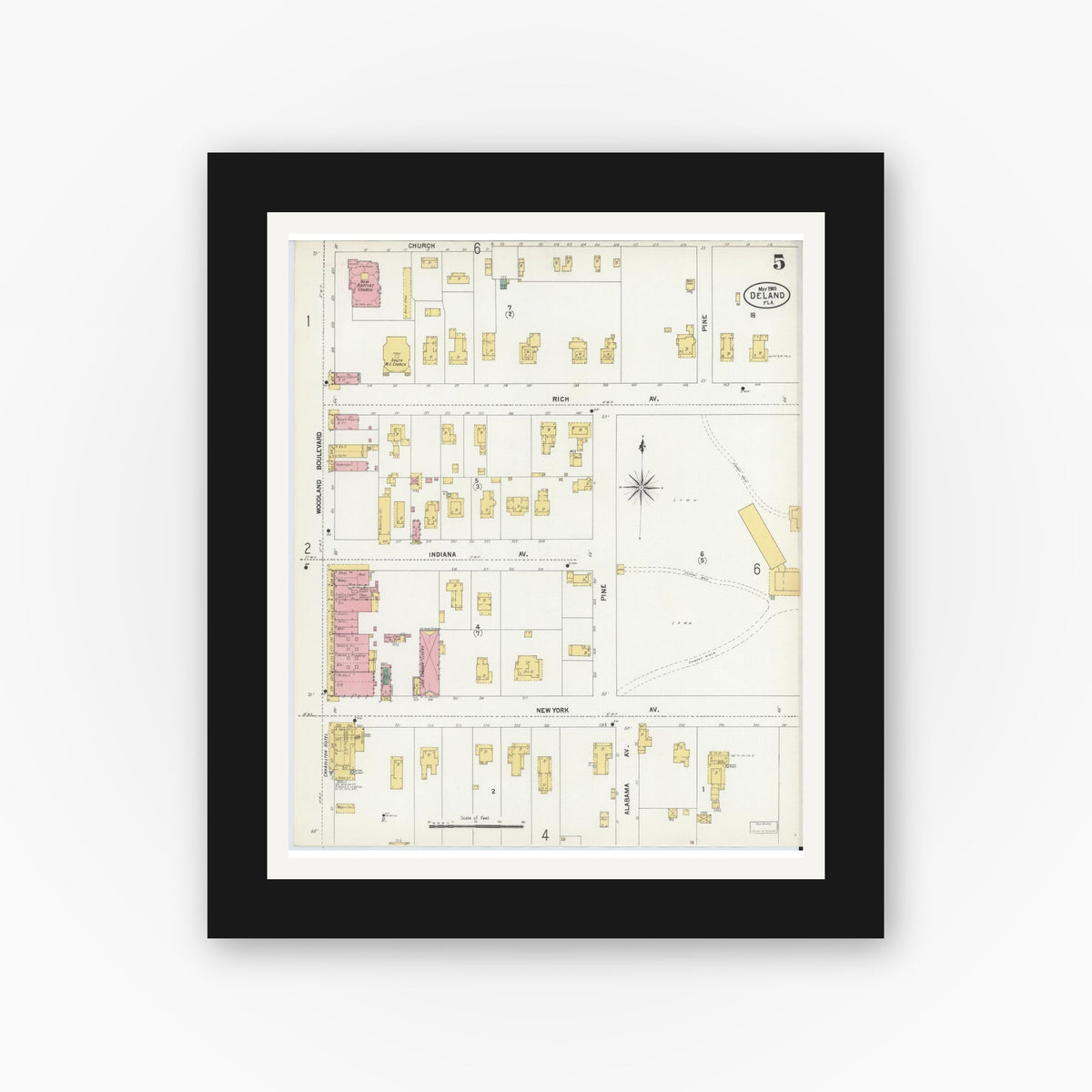 Old map wall art mockup — black gallery frame with white mat — Sanborn Fire Insurance Map from De Land, Volusia County, Florida (1903), Sheet #0005