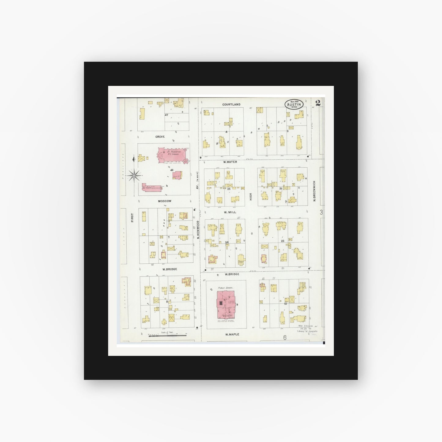 Old map wall art mockup — black gallery frame with white mat — Sanborn Fire Insurance Map from Austin, Mower County, Minnesota (1899), Sheet #0002