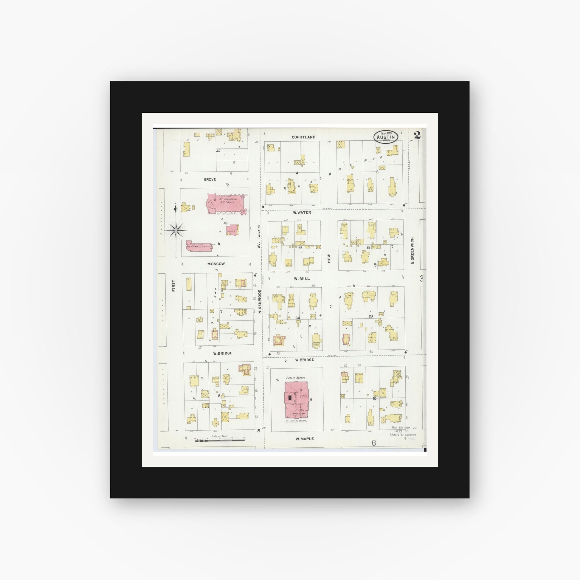 Old map wall art mockup — black gallery frame with white mat — Sanborn Fire Insurance Map from Austin, Mower County, Minnesota (1899), Sheet #0002