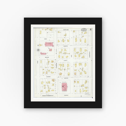 Old map wall art mockup — black gallery frame with white mat — Sanborn Fire Insurance Map from Austin, Mower County, Minnesota (1899), Sheet #0002
