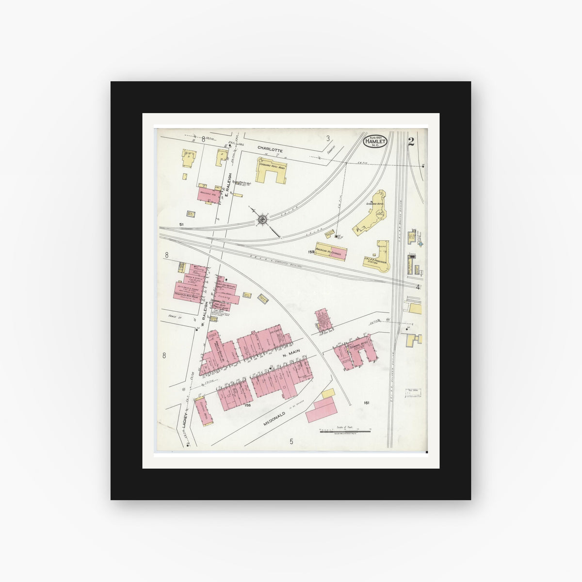 Old map wall art mockup — black gallery frame with white mat — Sanborn Fire Insurance Map from Hamlet, Richmond County, North Carolina (1920), Sheet #0002