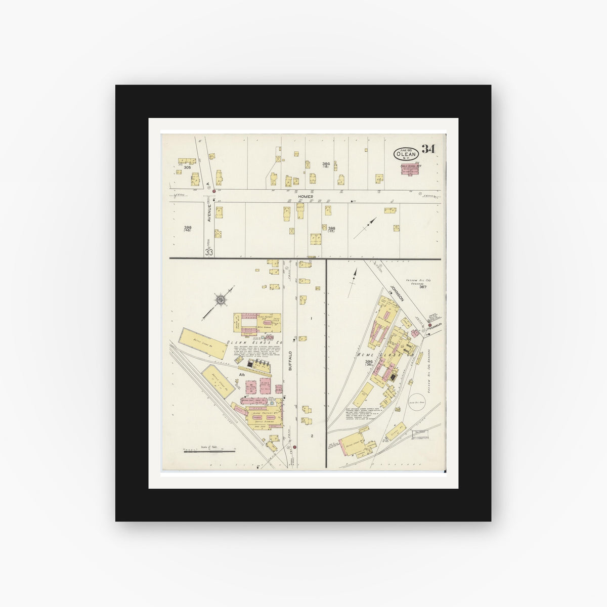 Old map wall art mockup — black gallery frame with white mat — Sanborn Fire Insurance Map from Olean, Cattaraugus County, New York (1915), Sheet #0034