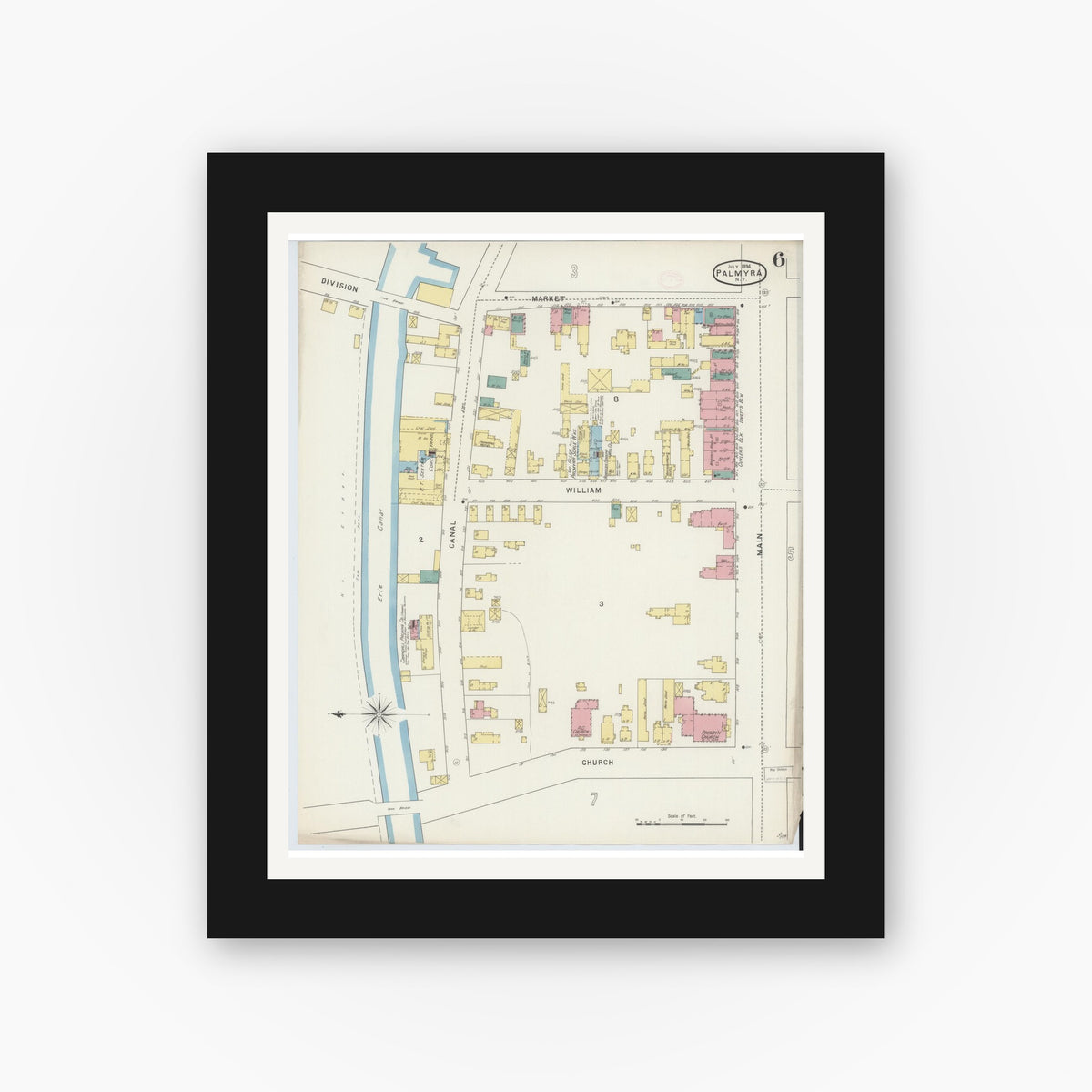 Old map wall art mockup — black gallery frame with white mat — Sanborn Fire Insurance Map from Palmyra, Wayne County, New York (1894), Sheet #0006