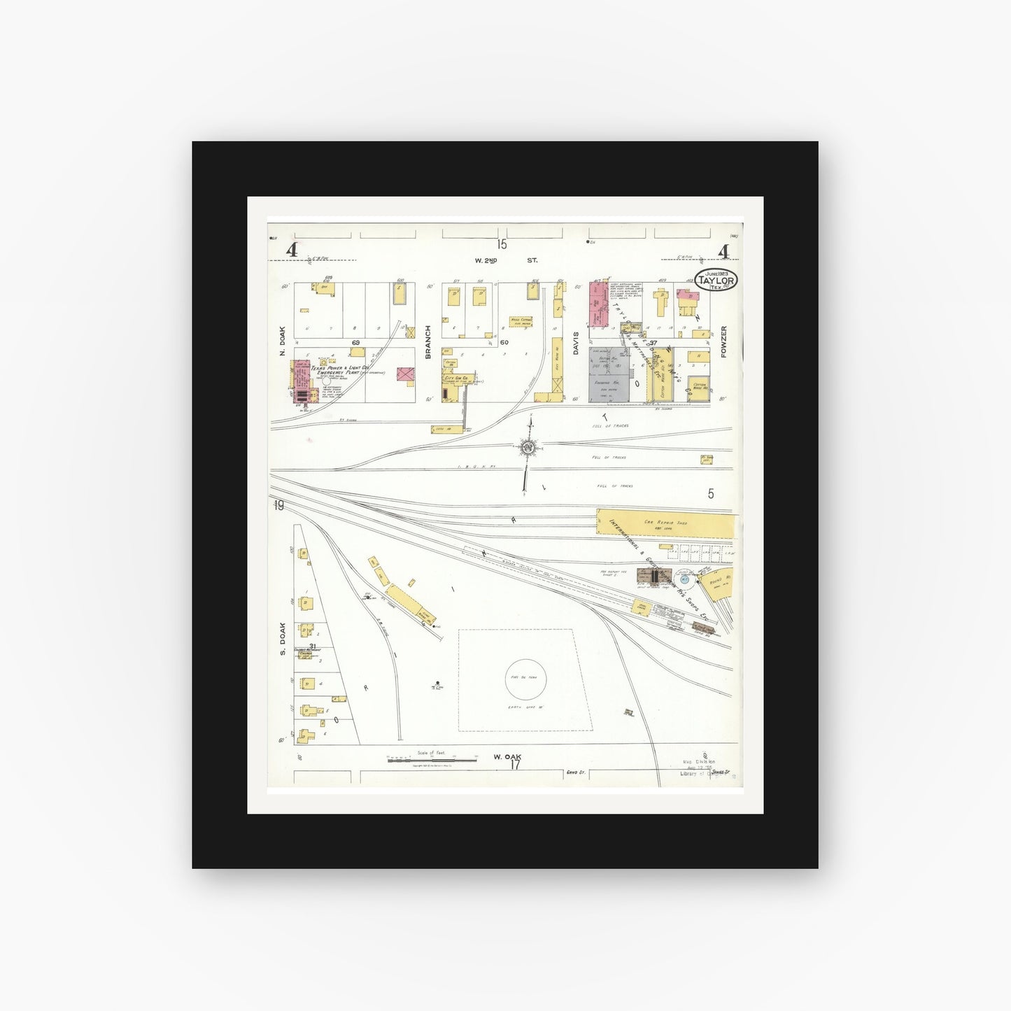 Old map wall art mockup — black gallery frame with white mat — Sanborn Fire Insurance Map from Taylor, Williamson County, Texas (1923), Sheet #0004