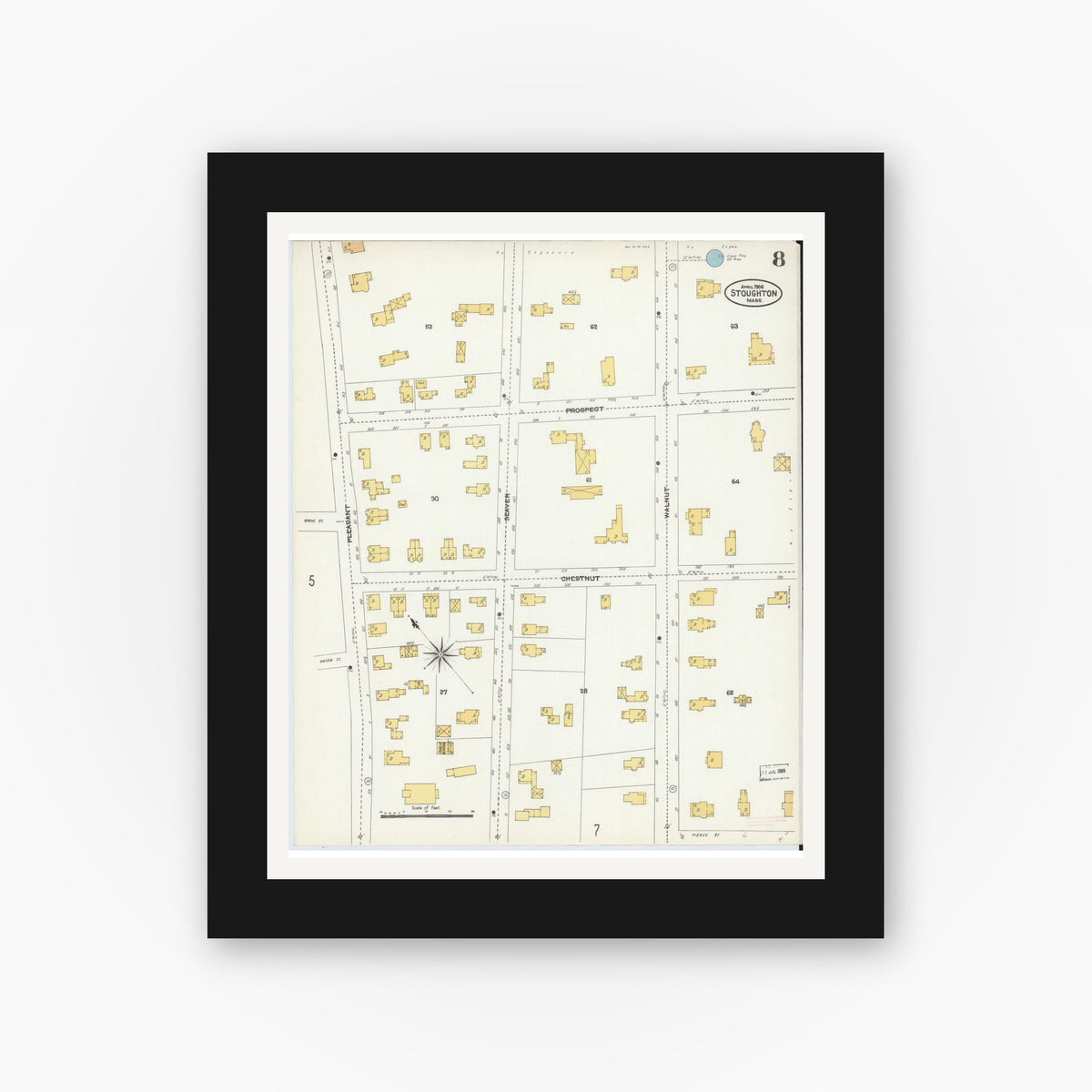 Old map wall art mockup — black gallery frame with white mat — Sanborn Fire Insurance Map from Stoughton, Norfolk County, Massachusetts (1906), Sheet #0008
