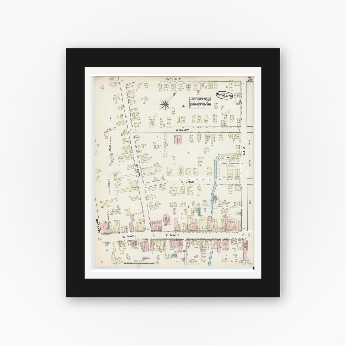 Old map wall art mockup — black gallery frame with white mat — Sanborn Fire Insurance Map from Plymouth, Luzerne County, Pennsylvania (1884), Sheet #0003