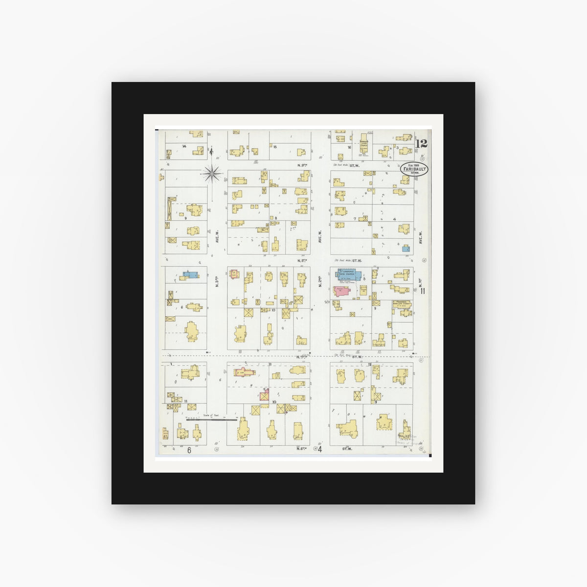 Old map wall art mockup — black gallery frame with white mat — Sanborn Fire Insurance Map from Faribault, Rice County, Minnesota (1905), Sheet #0012