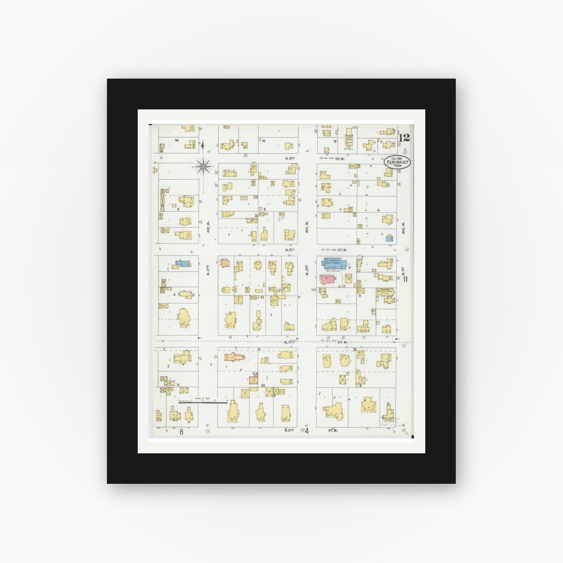 Old map wall art mockup — black gallery frame with white mat — Sanborn Fire Insurance Map from Faribault, Rice County, Minnesota (1905), Sheet #0012