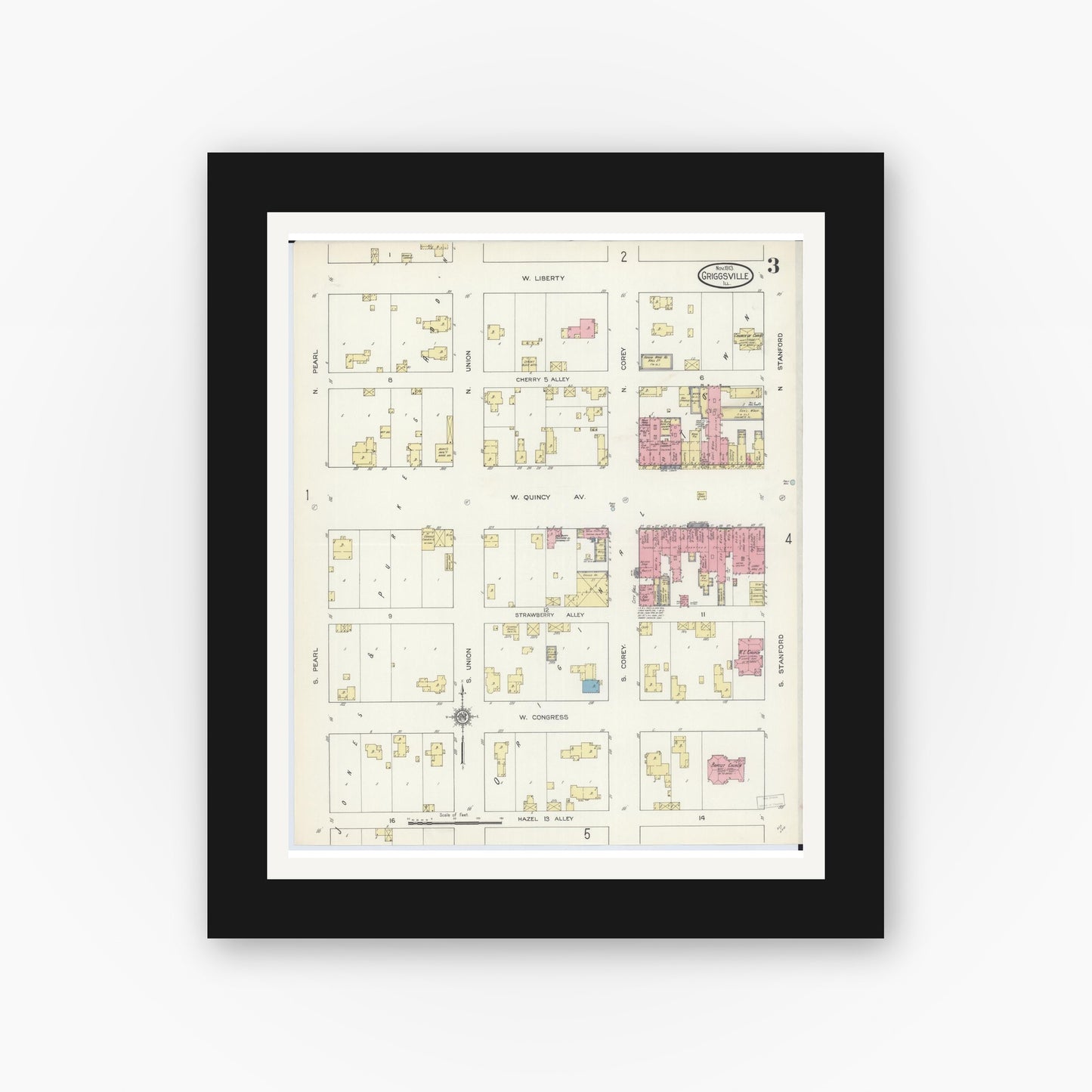 Old map wall art mockup — black gallery frame with white mat — Sanborn Fire Insurance Map from Griggsville, Pike County, Illinois (1913), Sheet #0003